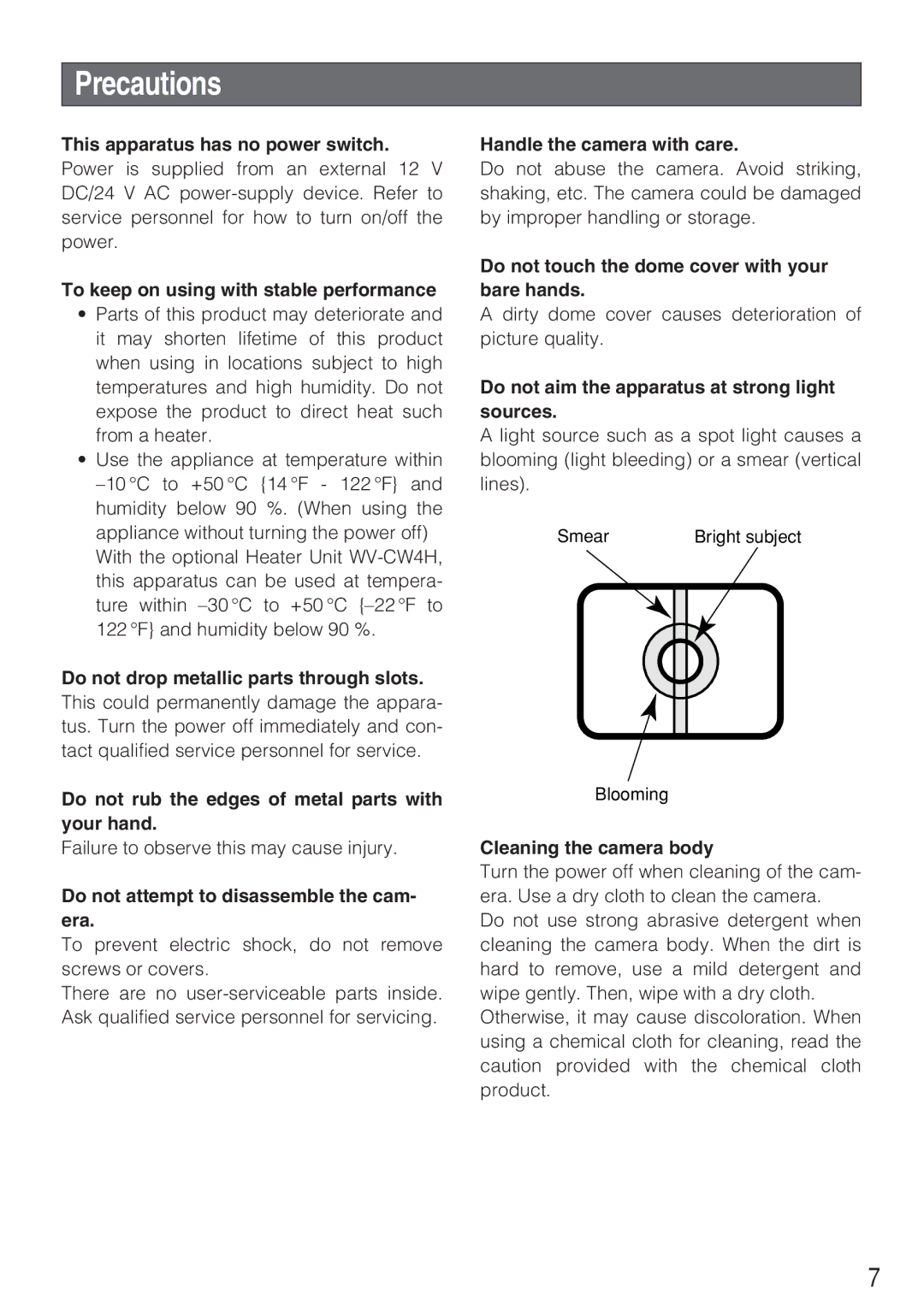 Panasonic WV-CW484F operating instructions Precautions 