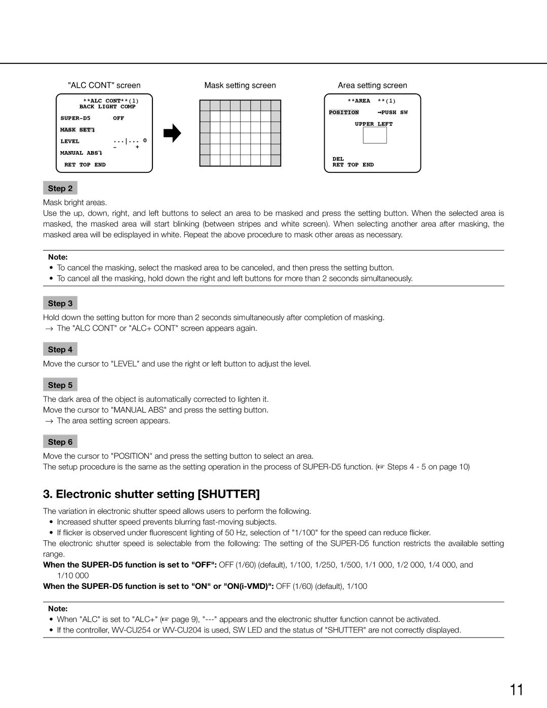 Panasonic WV-CW504SK, WV-CW504FK manual Electronic shutter setting Shutter, Mask setting screen 