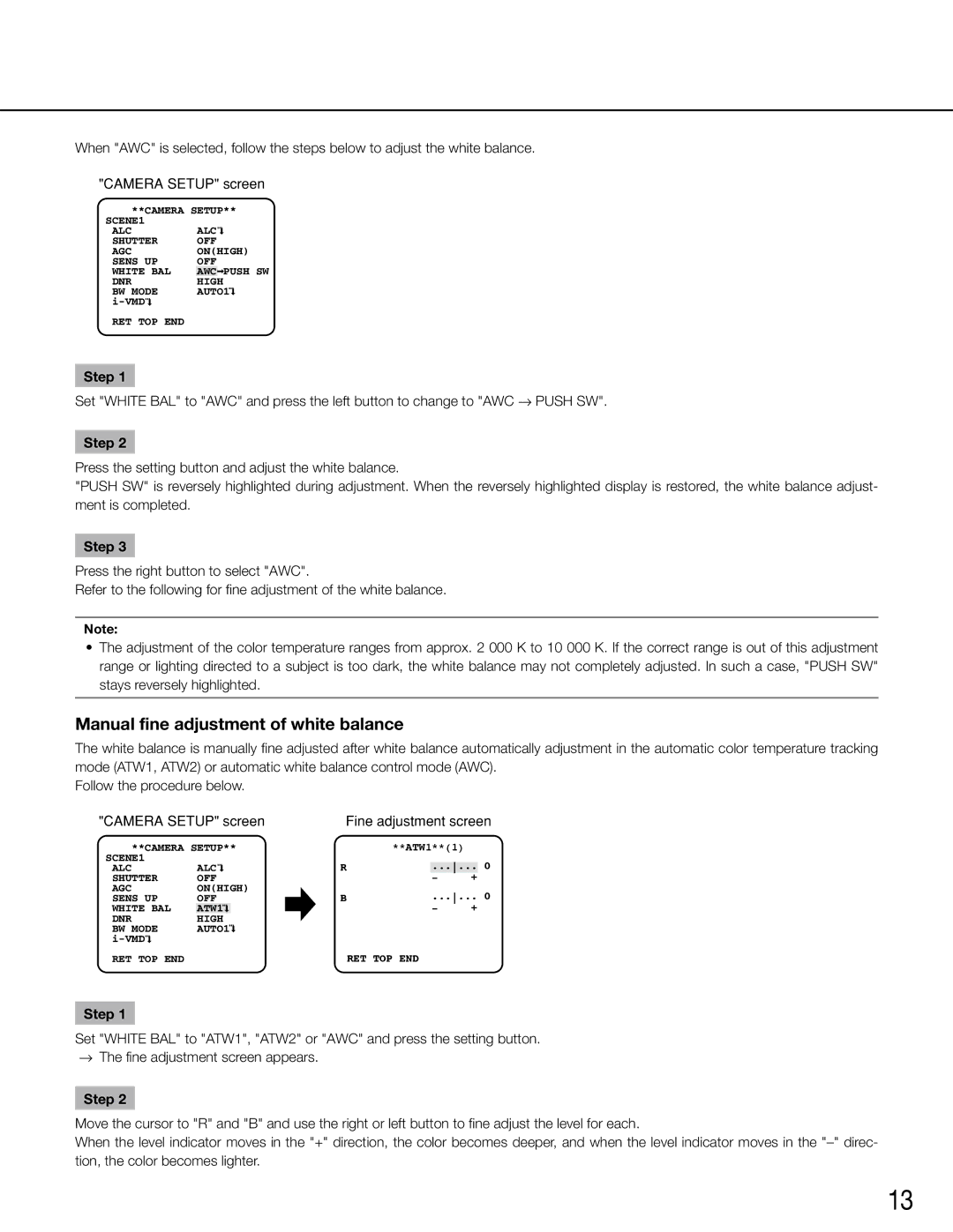 Panasonic WV-CW504FK, WV-CW504S Manual fine adjustment of white balance, Camera Setup screen, Fine adjustment screen 