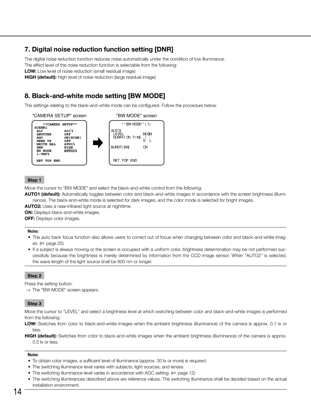 Panasonic WV-CW504S, WV-CW504FK manual Digital noise reduction function setting DNR, Black-and-white mode setting BW Mode 