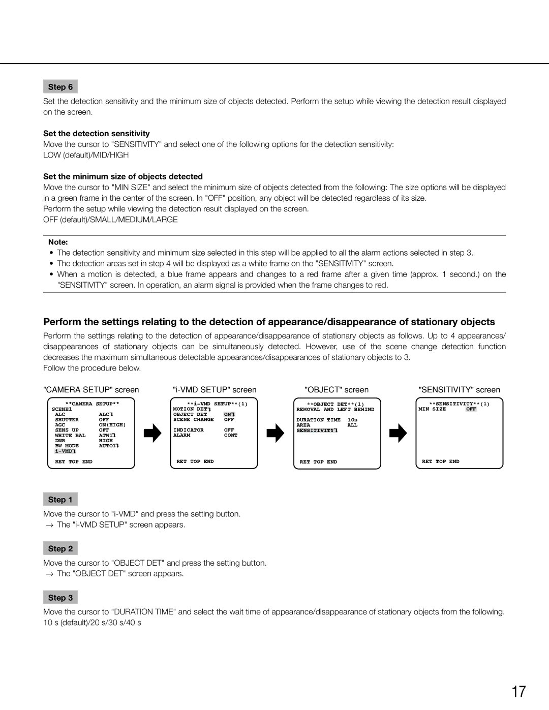 Panasonic WV-CW504FK, WV-CW504SK manual Set the detection sensitivity, Set the minimum size of objects detected 