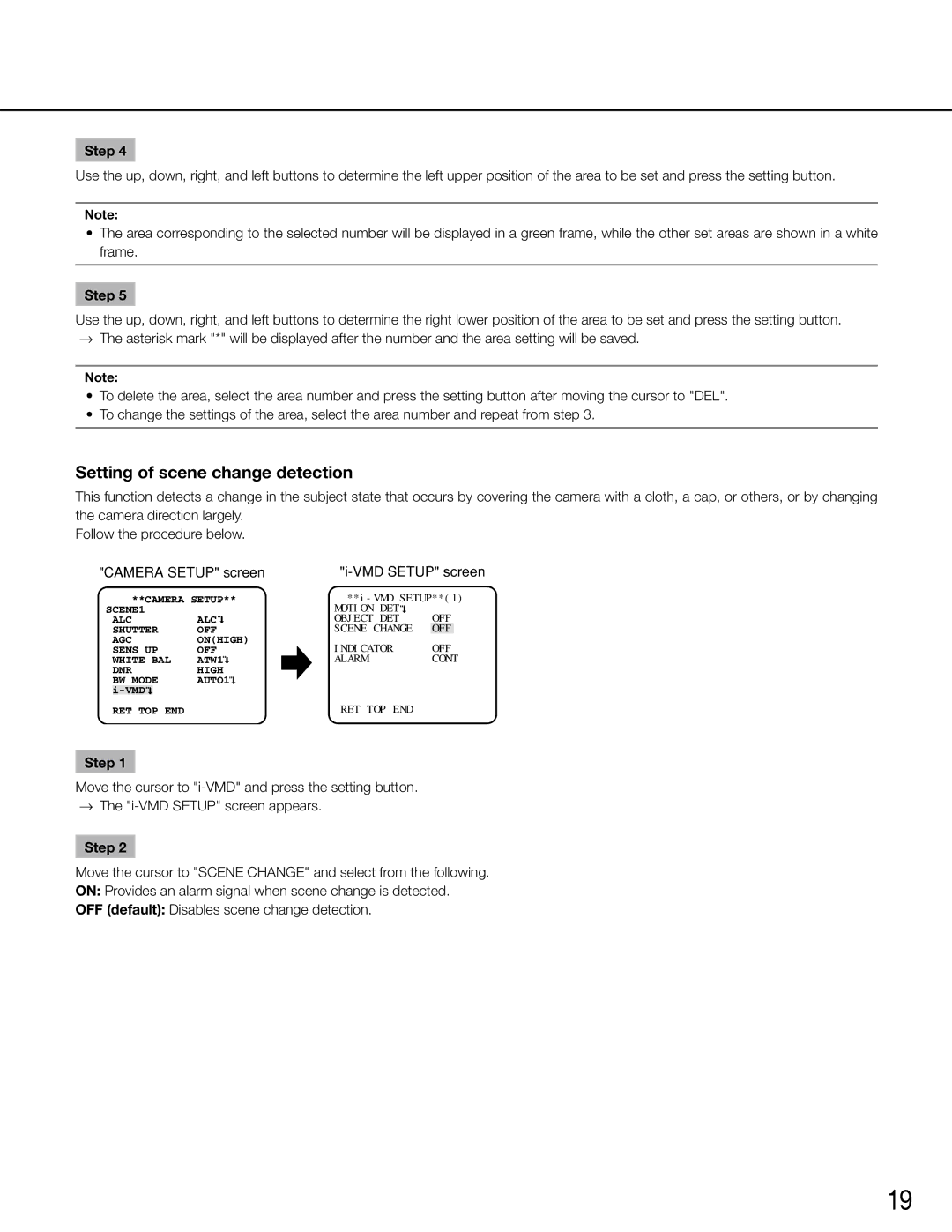 Panasonic WV-CW504SK, WV-CW504FK manual Setting of scene change detection, Camera Setup screen VMD Setup screen 