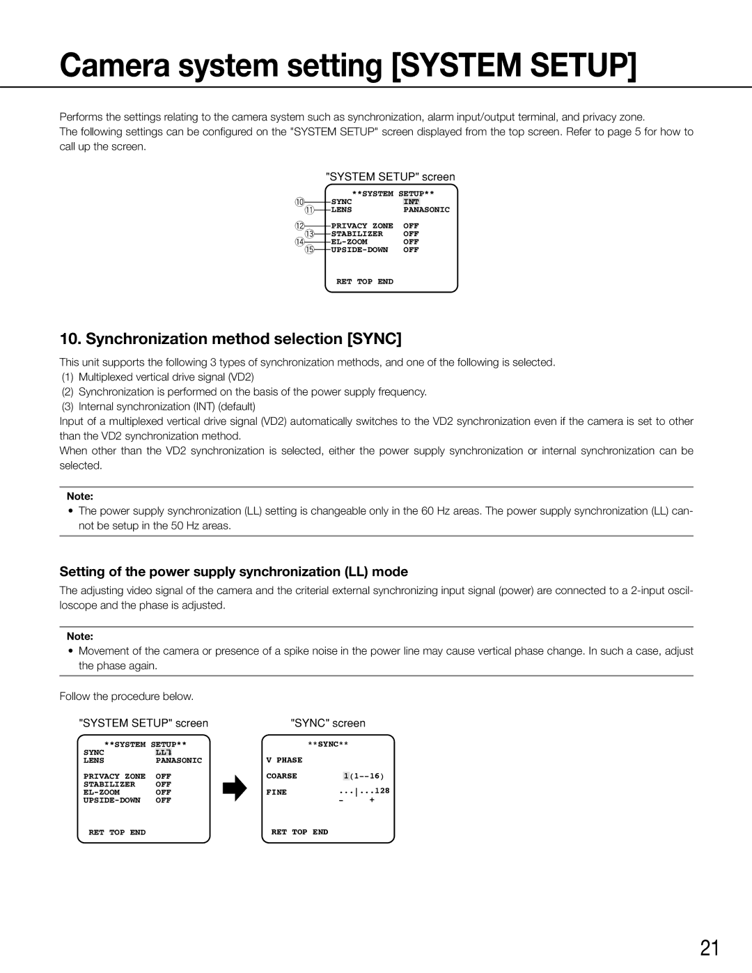 Panasonic WV-CW504FK, WV-CW504SK manual Camera system setting System Setup, Synchronization method selection Sync 