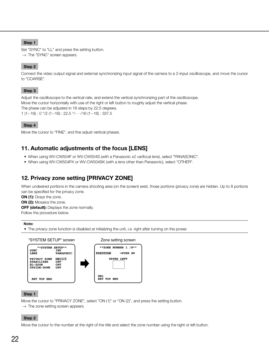 Panasonic WV-CW504S manual Automatic adjustments of the focus Lens, Privacy zone setting Privacy Zone, Zone setting screen 