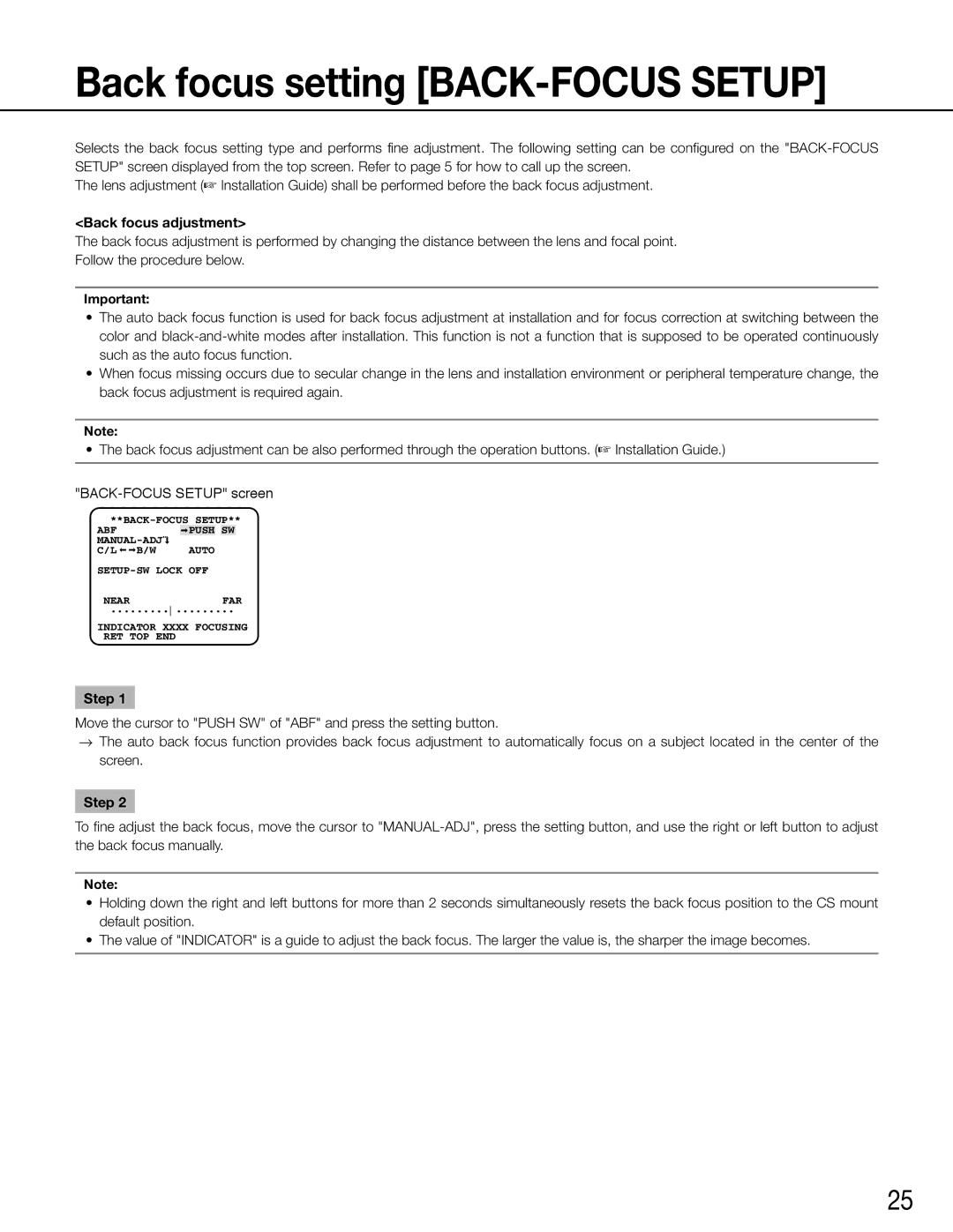 Panasonic WV-CW504FK, WV-CW504SK manual Back focus setting BACK-FOCUS Setup, Back focus adjustment 