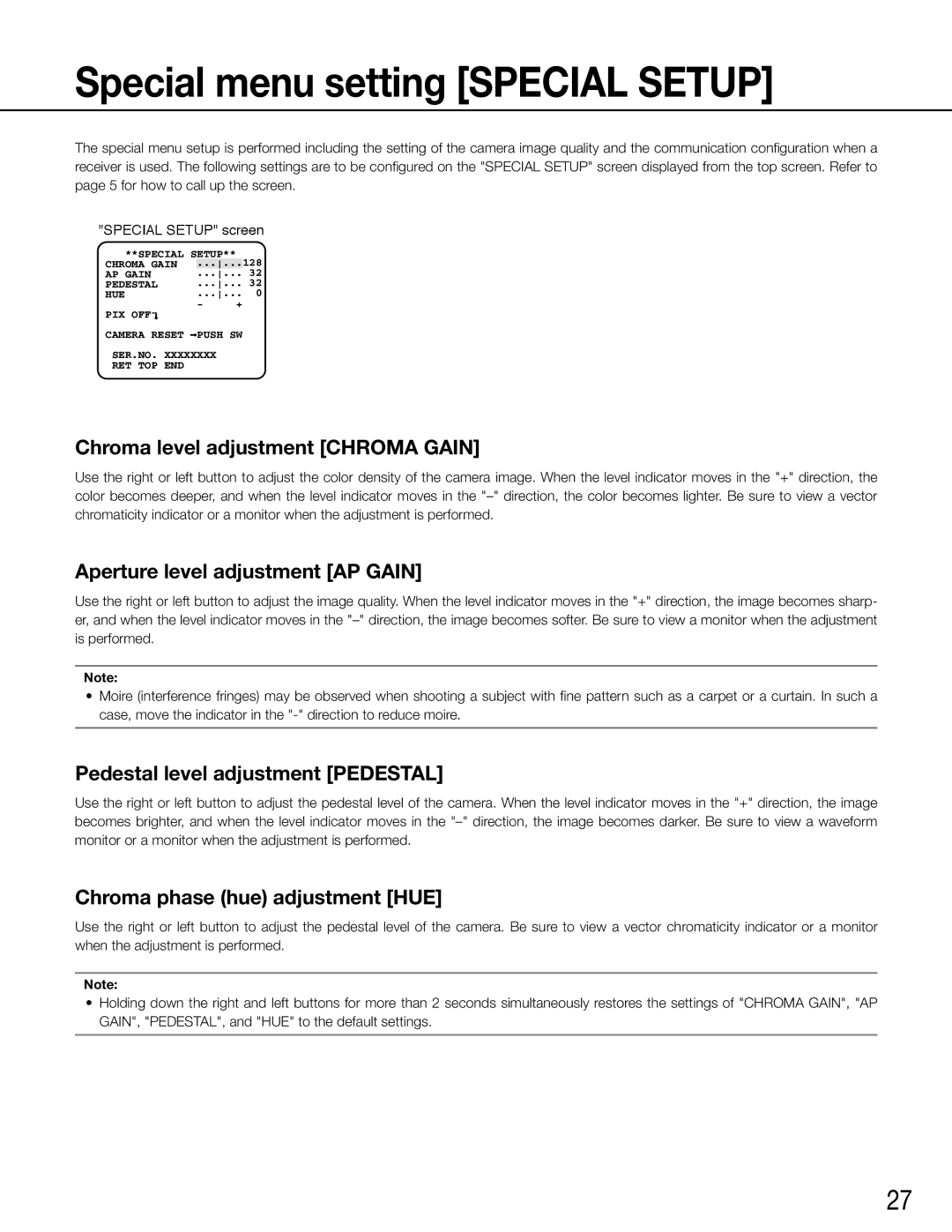 Panasonic WV-CW504SK, WV-CW504FK manual Special menu setting Special Setup, Chroma level adjustment Chroma Gain 