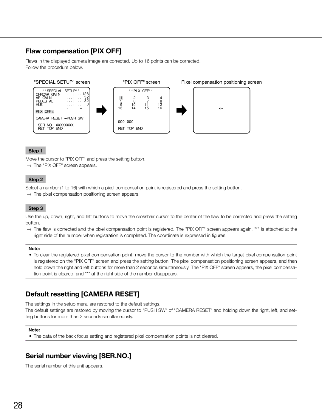 Panasonic WV-CW504FK, WV-CW504S Flaw compensation PIX OFF, Default resetting Camera Reset, Serial number viewing SER.NO 