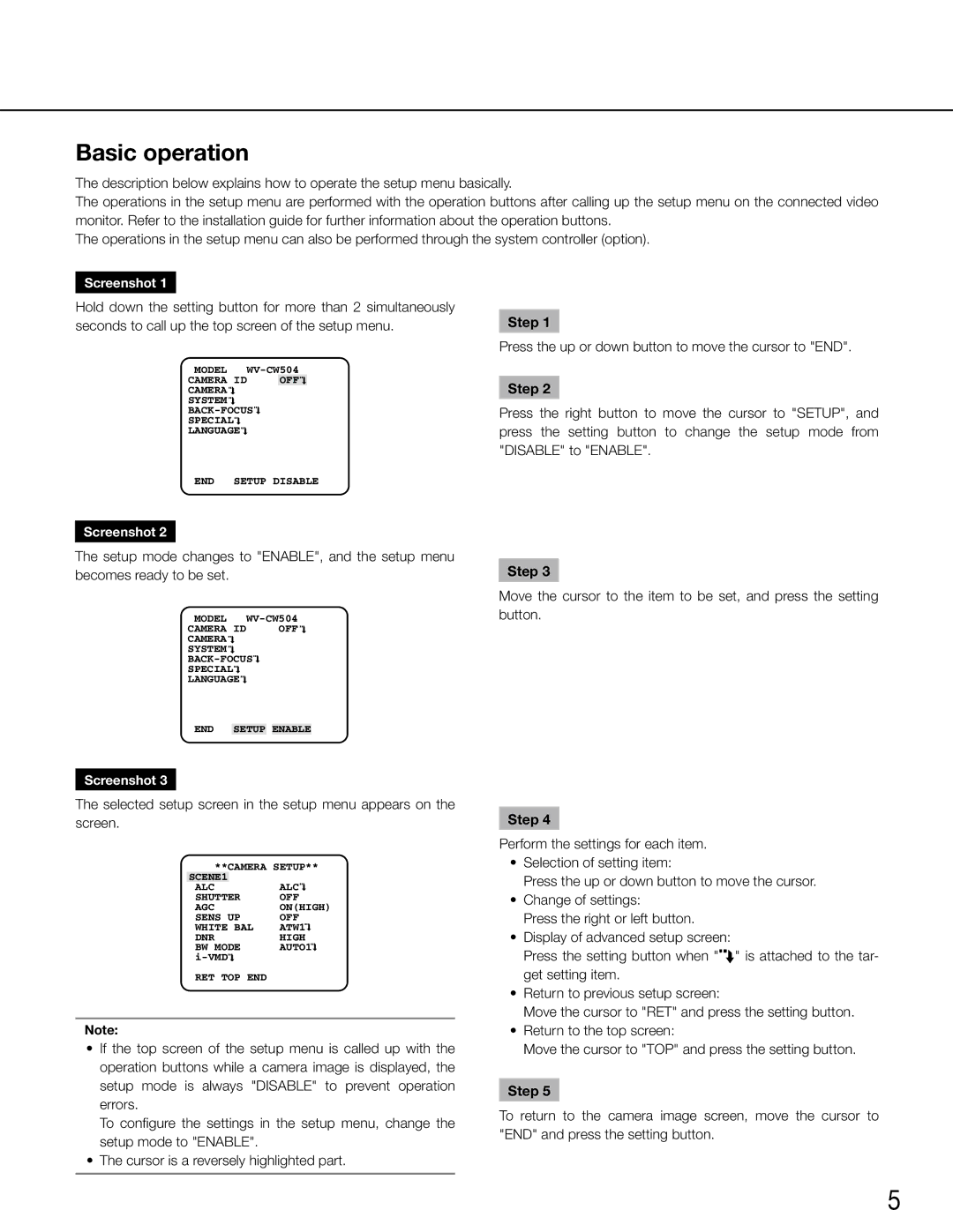 Panasonic WV-CW504FK, WV-CW504SK manual Basic operation, Step 