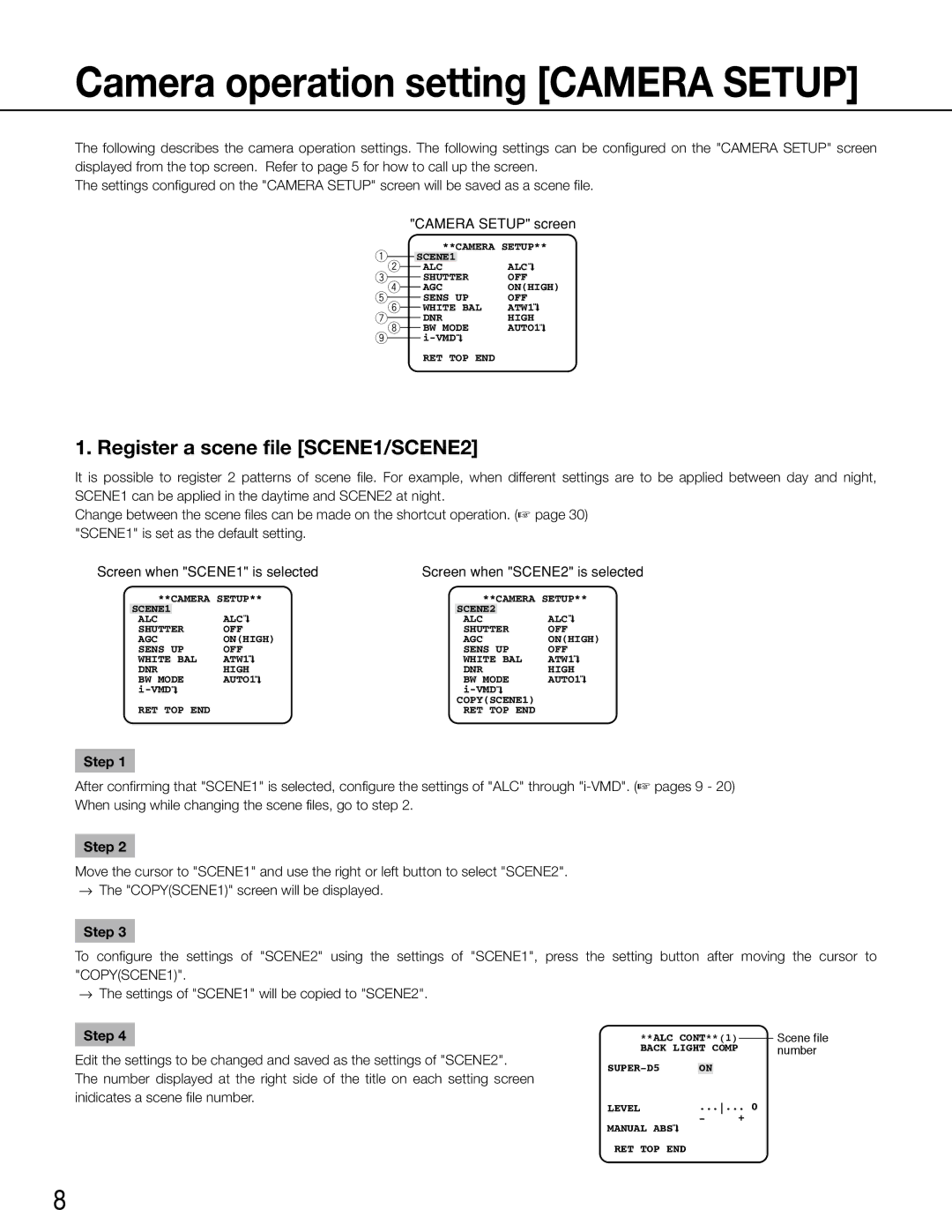 Panasonic WV-CW504FK Register a scene file SCENE1/SCENE2, Screen when SCENE1 is selected, Screen when SCENE2 is selected 