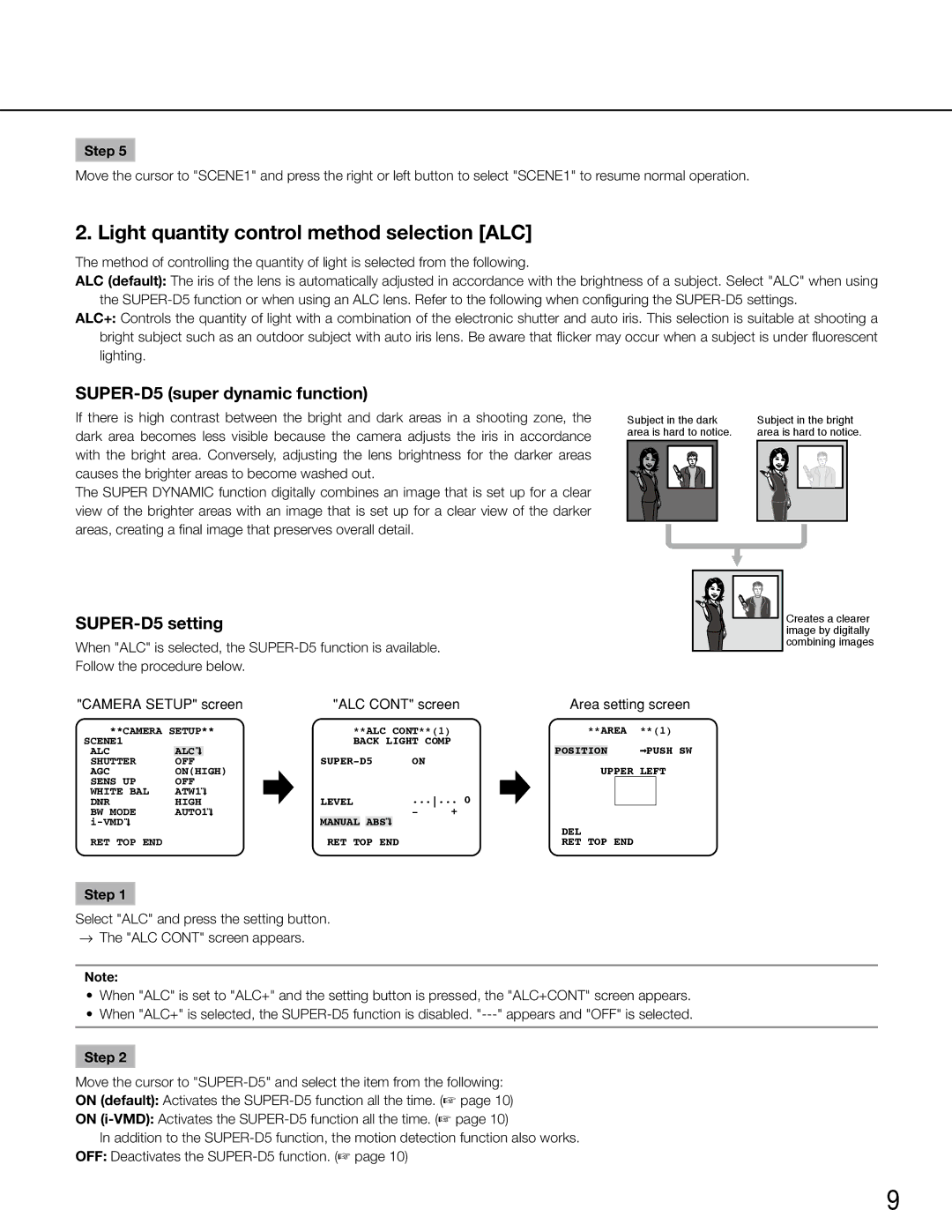 Panasonic WV-CW504F manual Light quantity control method selection ALC, SUPER-D5 super dynamic function, SUPER-D5 setting 