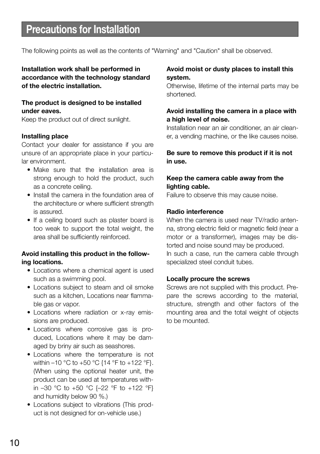 Panasonic WV-CW504FK WV-CW504S, WV-CW504SK manual Precautions for Installation 