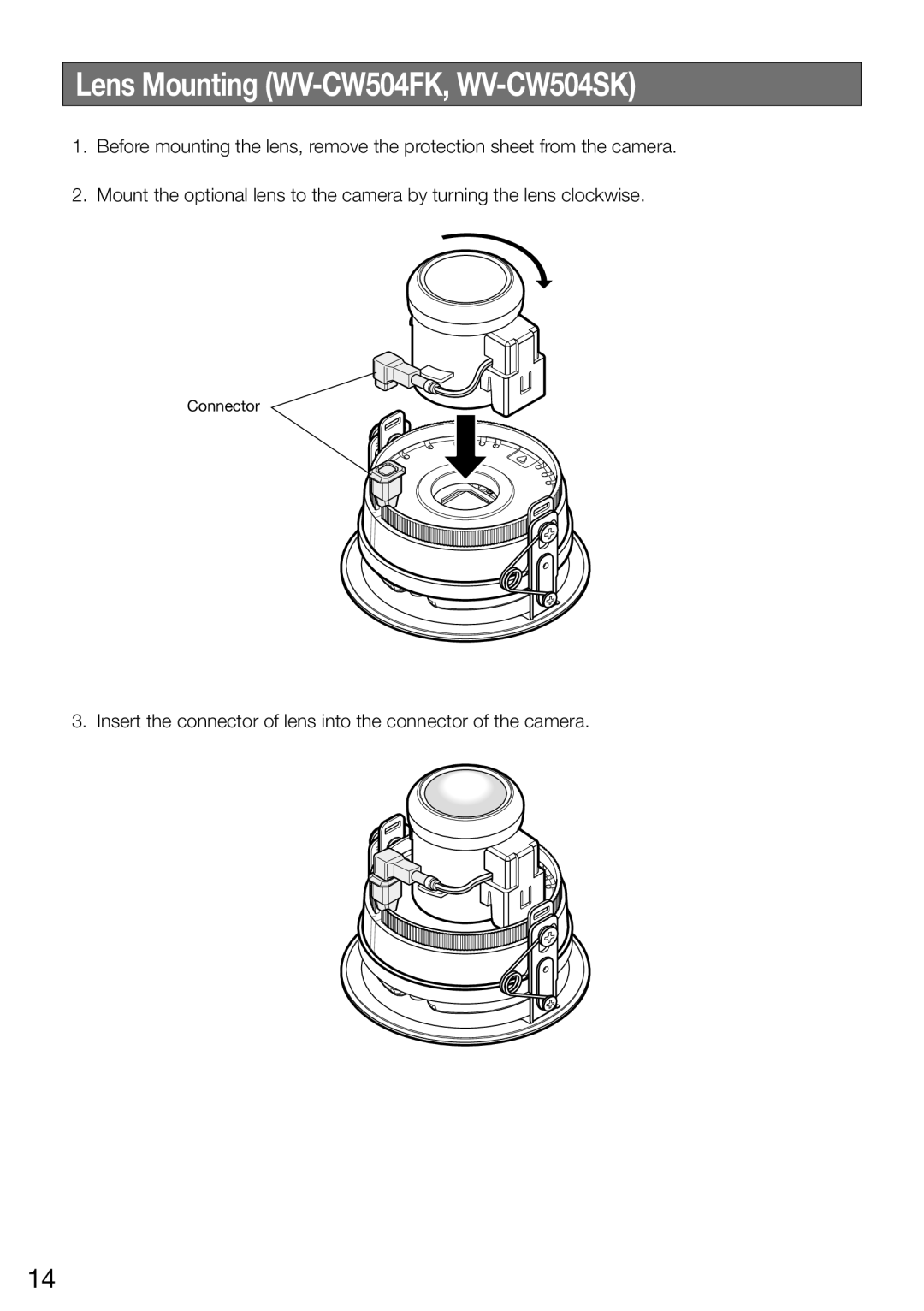 Panasonic WV-CW504FK WV-CW504S manual Lens Mounting WV-CW504FK, WV-CW504SK 