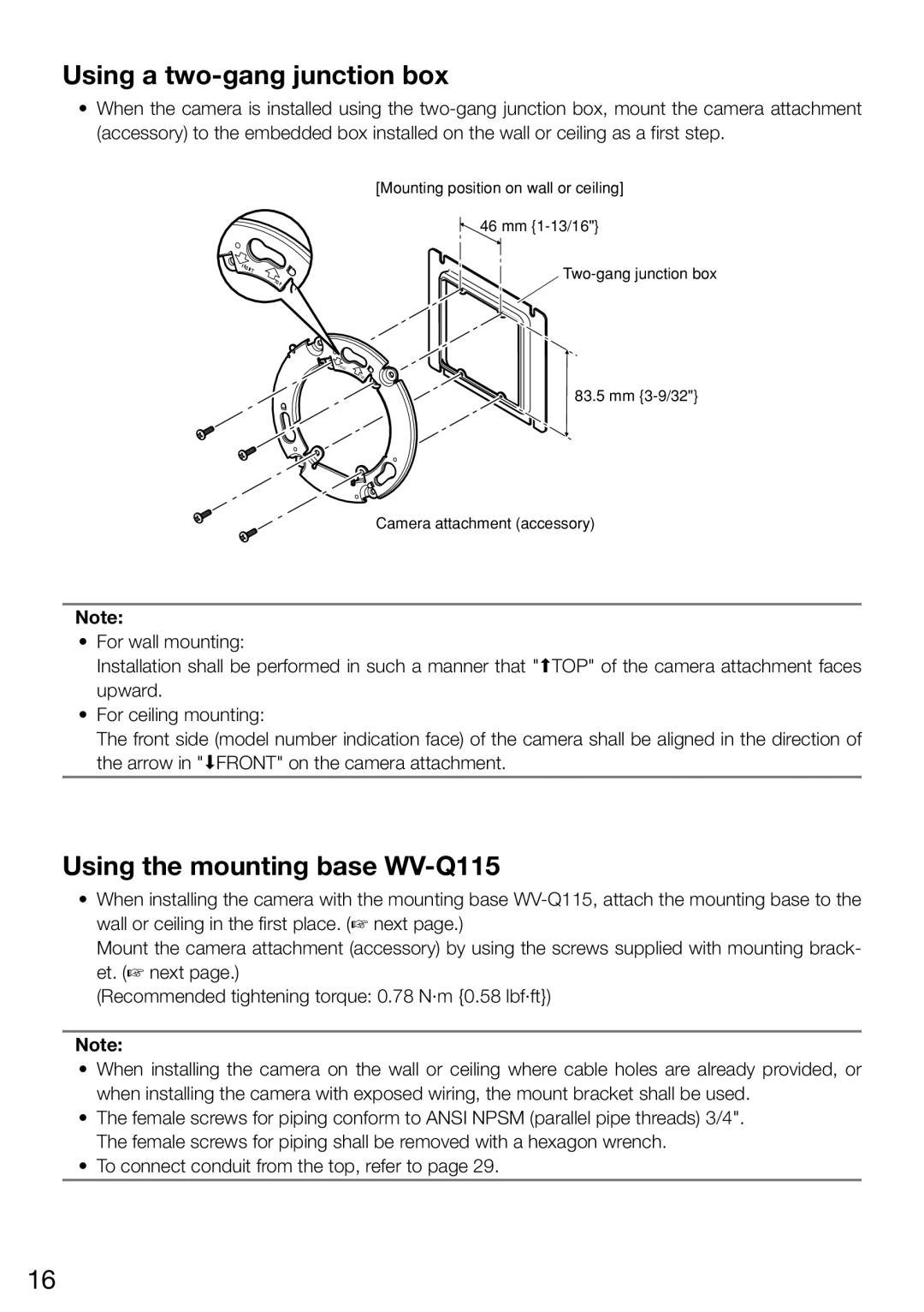 Panasonic WV-CW504FK WV-CW504S, WV-CW504SK manual Using a two-gang junction box, Using the mounting base WV-Q115 