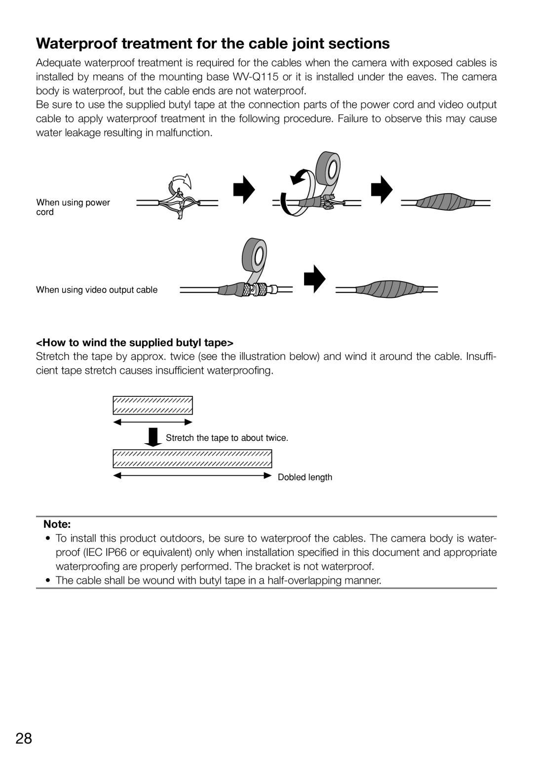 Panasonic WV-CW504F, WV-CW504SK Waterproof treatment for the cable joint sections, How to wind the supplied butyl tape 