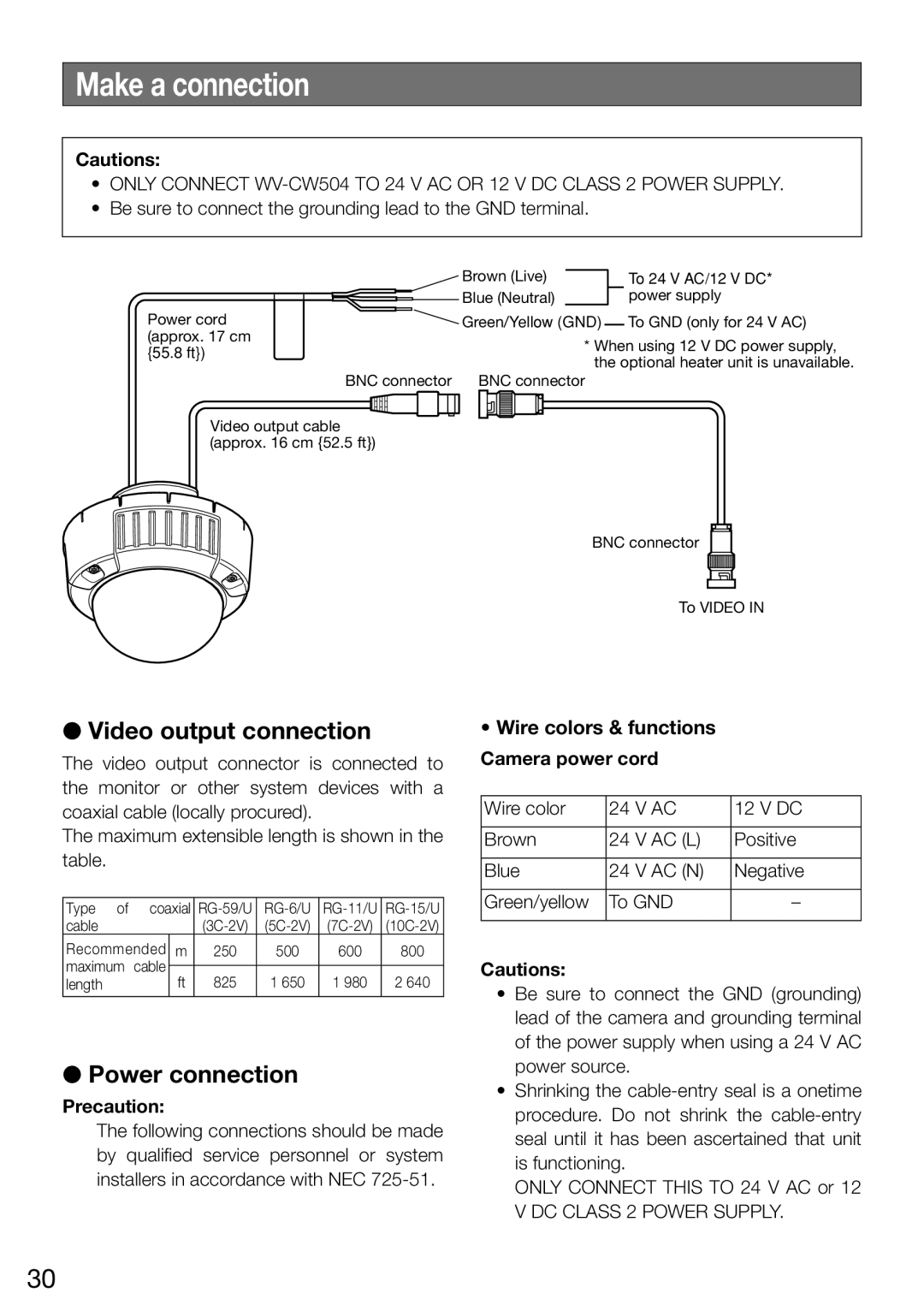 Panasonic WV-CW504FK WV-CW504S, WV-CW504SK manual Make a connection, Wire colors & functions, Precaution, Camera power cord 