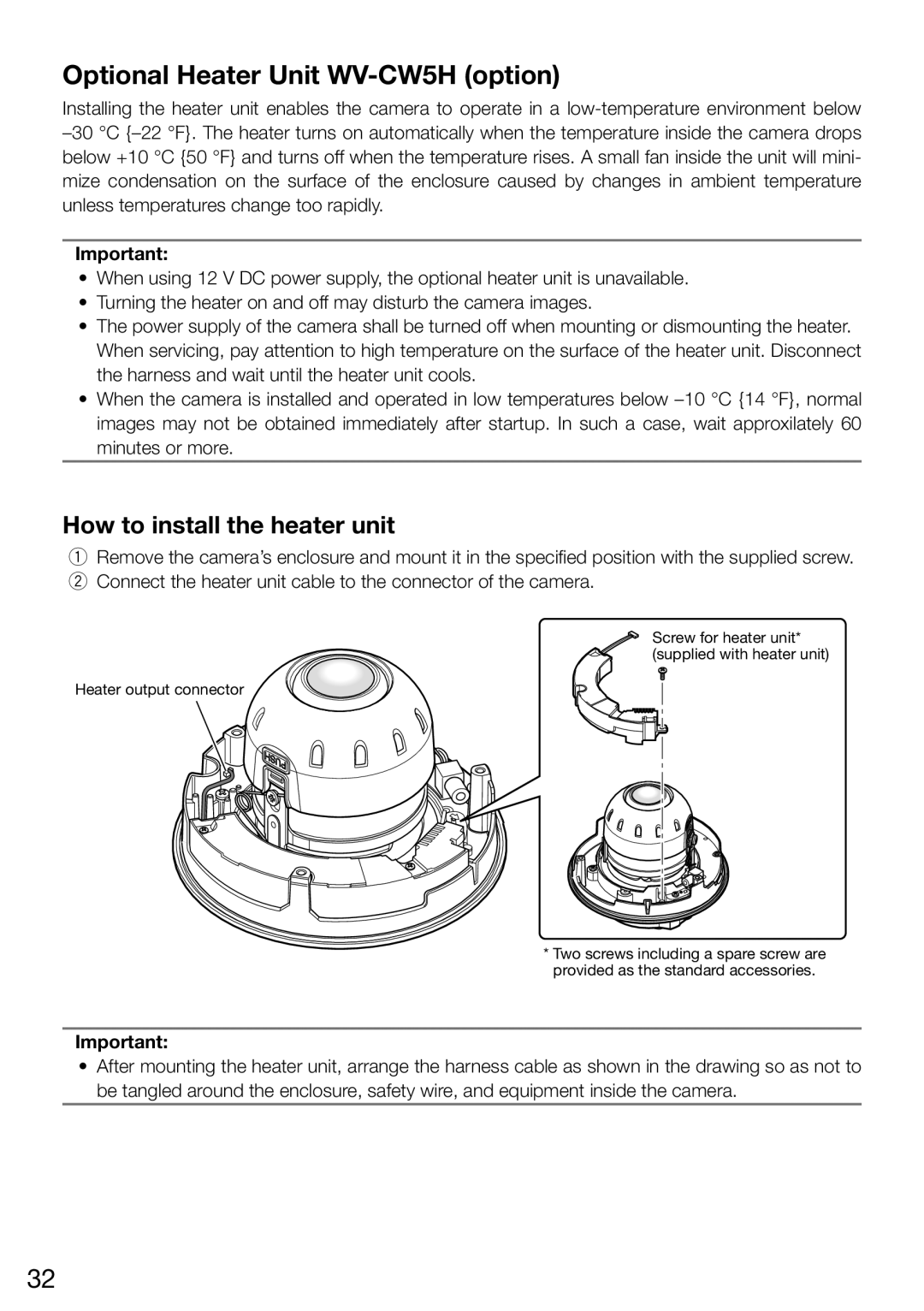 Panasonic WV-CW504SK, WV-CW504FK WV-CW504S manual Optional Heater Unit WV-CW5H option, How to install the heater unit 