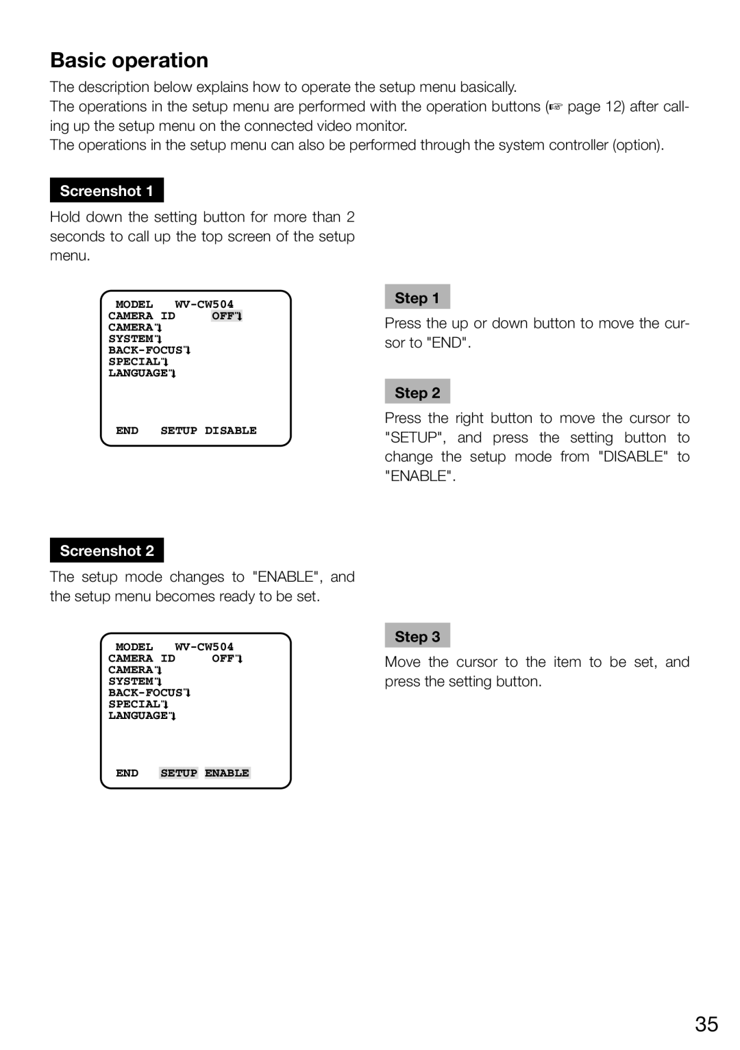 Panasonic WV-CW504SK, WV-CW504FK WV-CW504S manual Basic operation, Step 