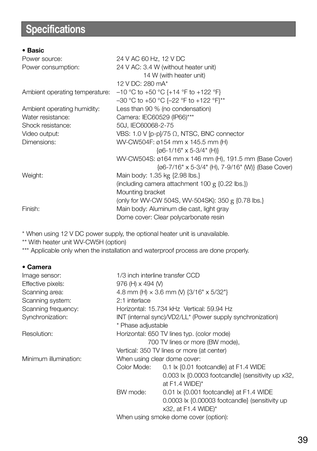 Panasonic WV-CW504FK WV-CW504S, WV-CW504SK manual Specifications, Basic, Camera 