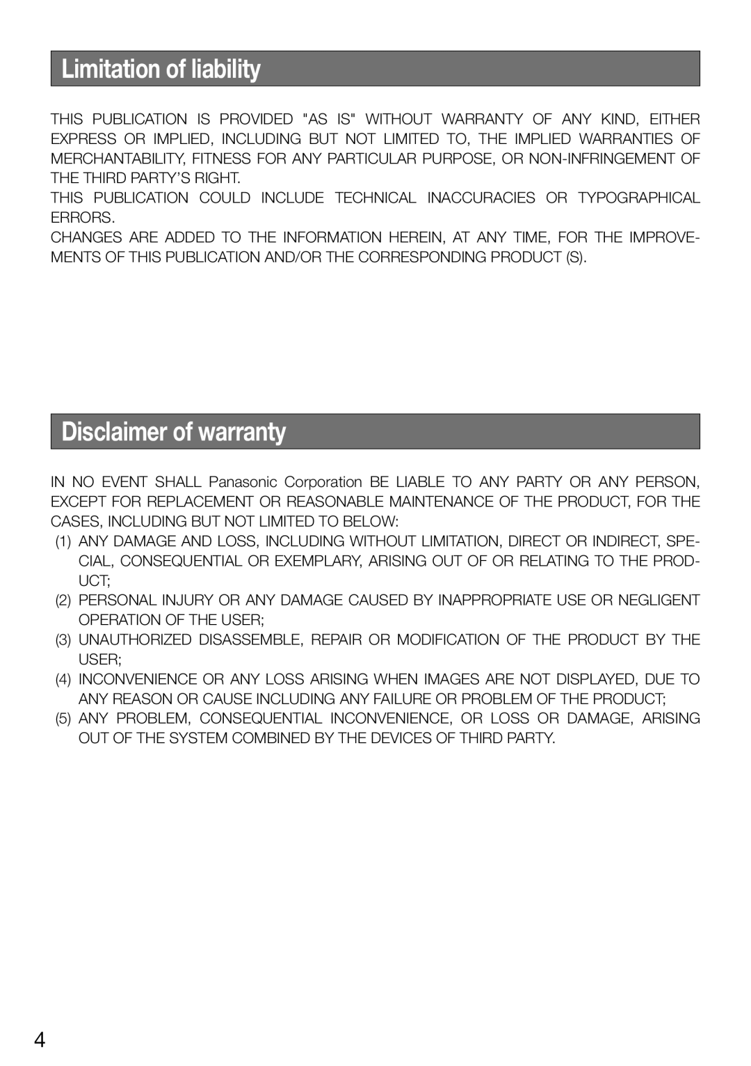 Panasonic WV-CW504FK WV-CW504S, WV-CW504SK manual Limitation of liability, Disclaimer of warranty 