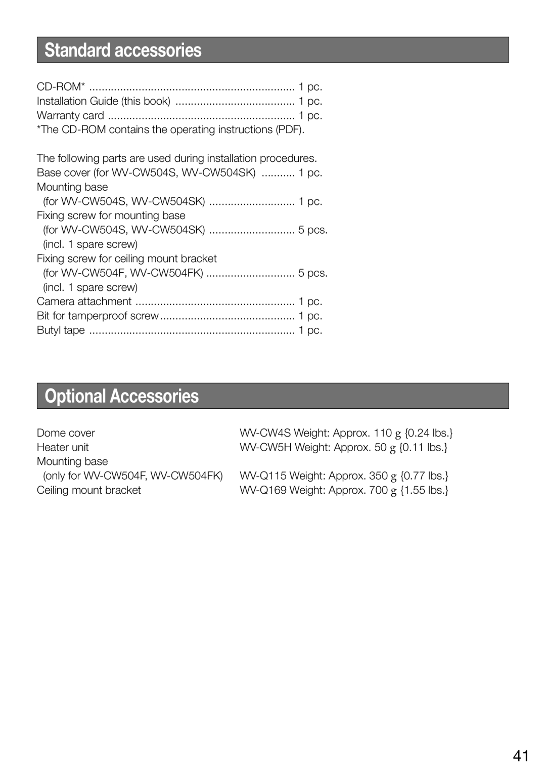 Panasonic WV-CW504SK, WV-CW504FK WV-CW504S manual Standard accessories, Optional Accessories 