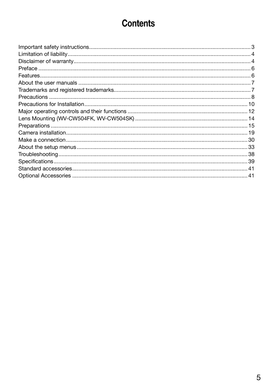 Panasonic WV-CW504SK, WV-CW504FK WV-CW504S manual Contents 