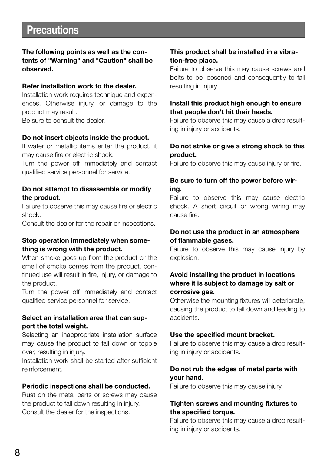 Panasonic WV-CW504SK, WV-CW504FK WV-CW504S manual Precautions 