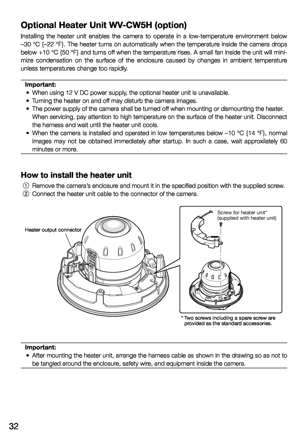 Panasonic WV-CW504SK, WV-CW504FK WV-CW504S manual Optional Heater Unit WV-CW5Hoption, How to install the heater unit 