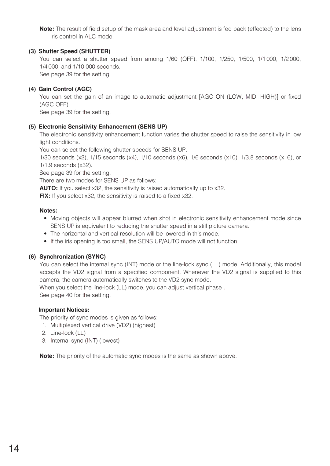 Panasonic WV-CW864 Shutter Speed Shutter, Gain Control AGC, Electronic Sensitivity Enhancement Sens UP, Important Notices 