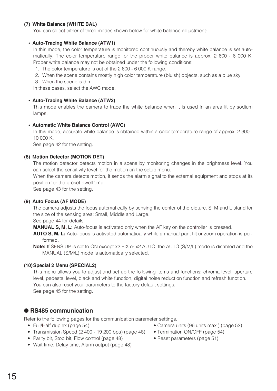 Panasonic WV-CW864 operating instructions RS485 communication 