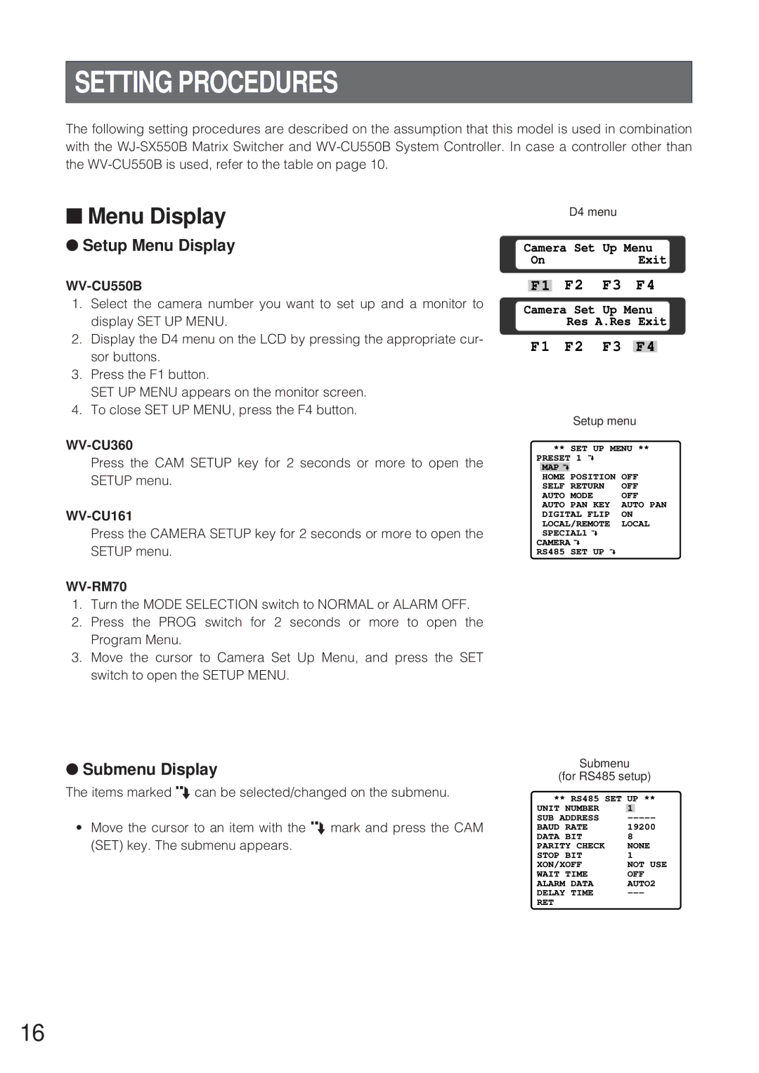 Panasonic WV-CW864 operating instructions Setting Procedures, Setup Menu Display, Submenu Display 