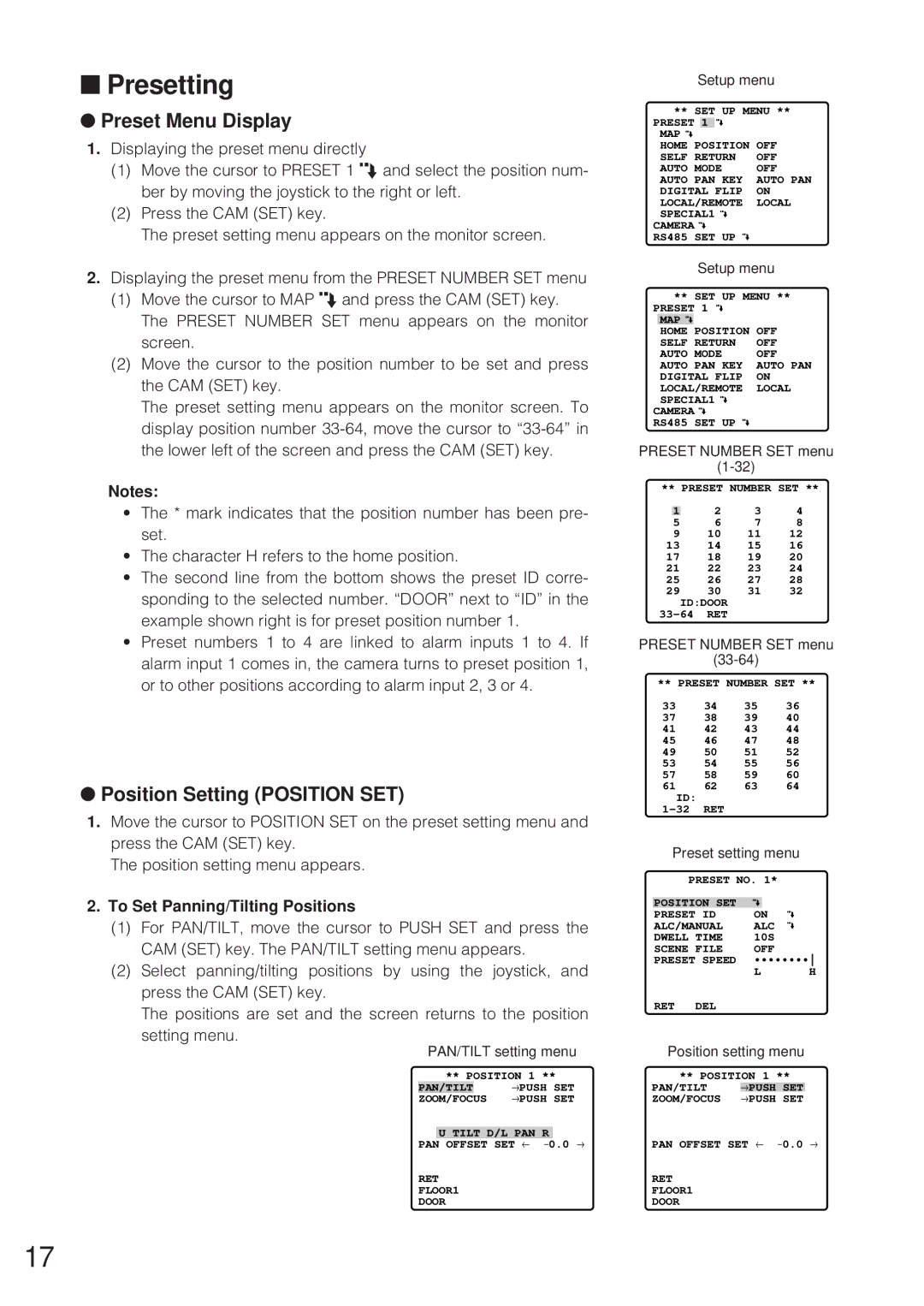 Panasonic WV-CW864 Presetting, Preset Menu Display, Position Setting Position SET, To Set Panning/Tilting Positions 