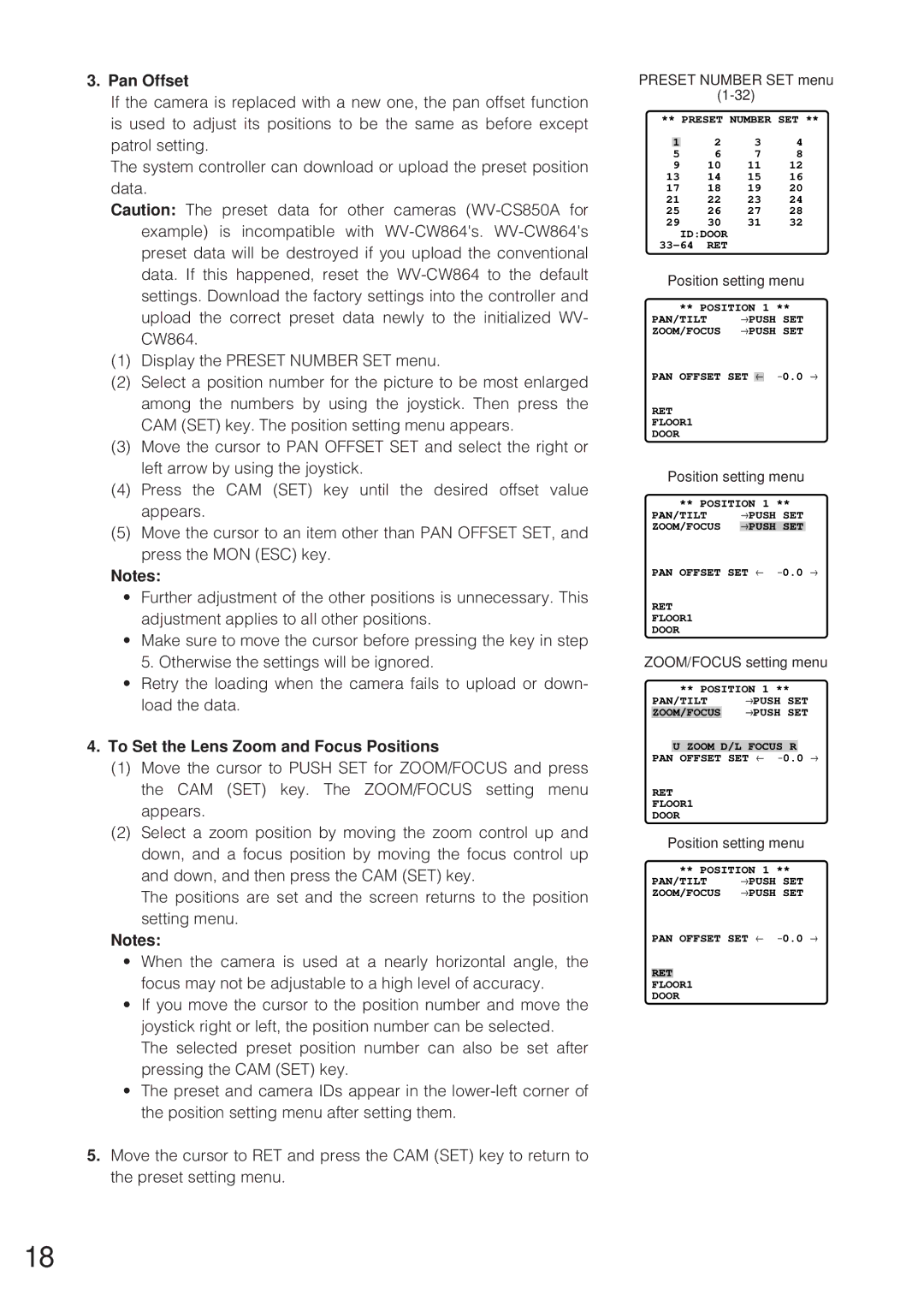 Panasonic WV-CW864 operating instructions Pan Offset, To Set the Lens Zoom and Focus Positions, ZOOM/FOCUS setting menu 