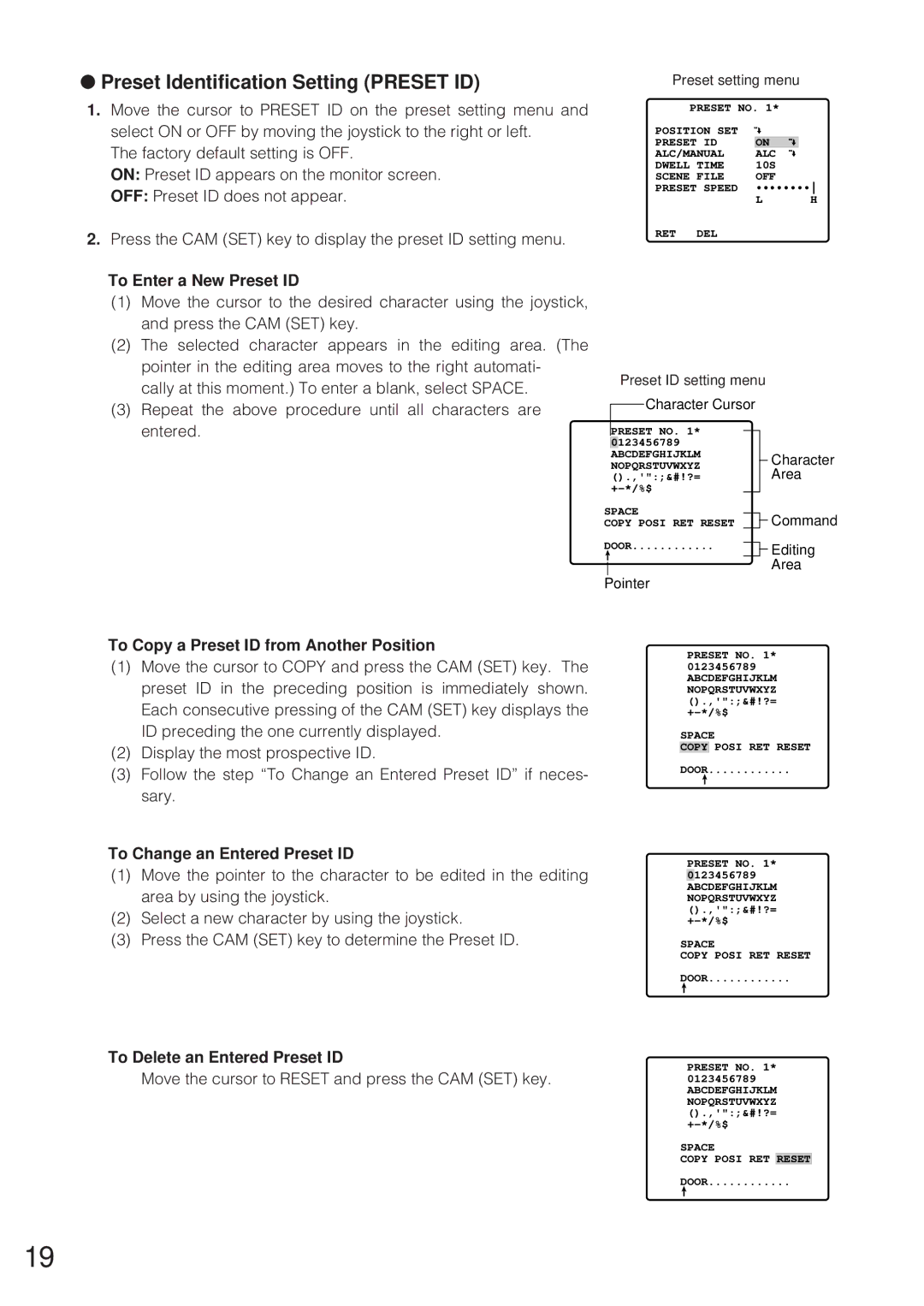 Panasonic WV-CW864 Preset Identification Setting Preset ID, To Enter a New Preset ID, To Change an Entered Preset ID 