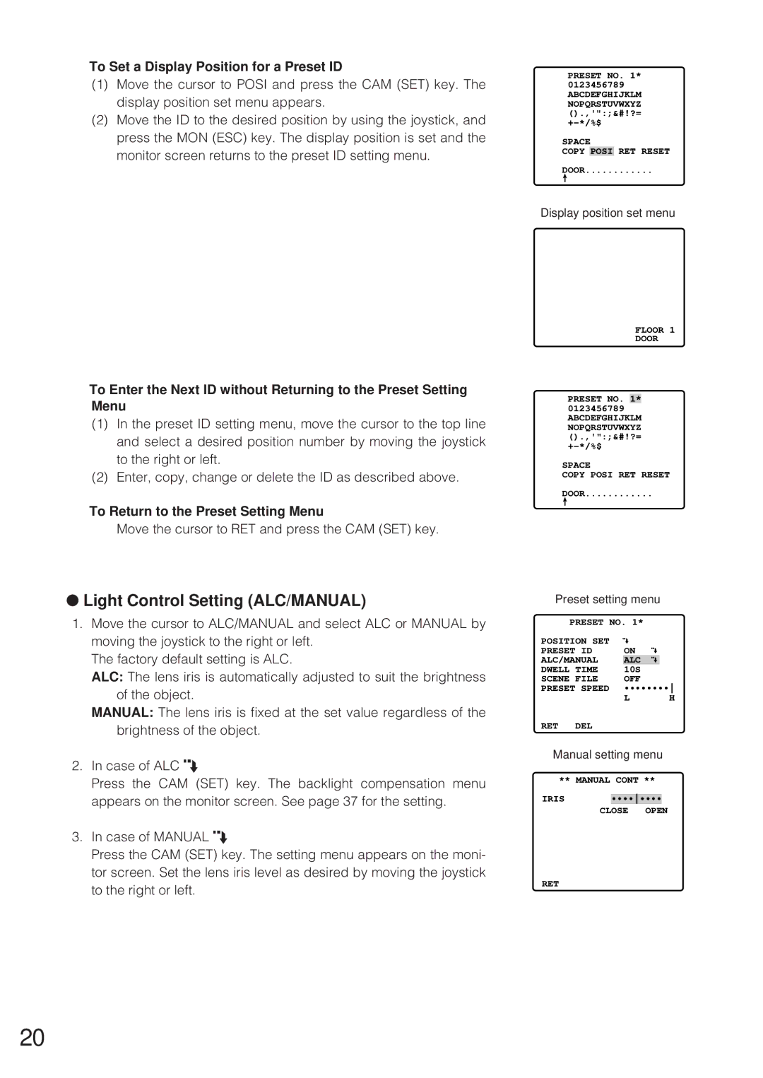 Panasonic WV-CW864 Light Control Setting ALC/MANUAL, To Set a Display Position for a Preset ID, Display position set menu 