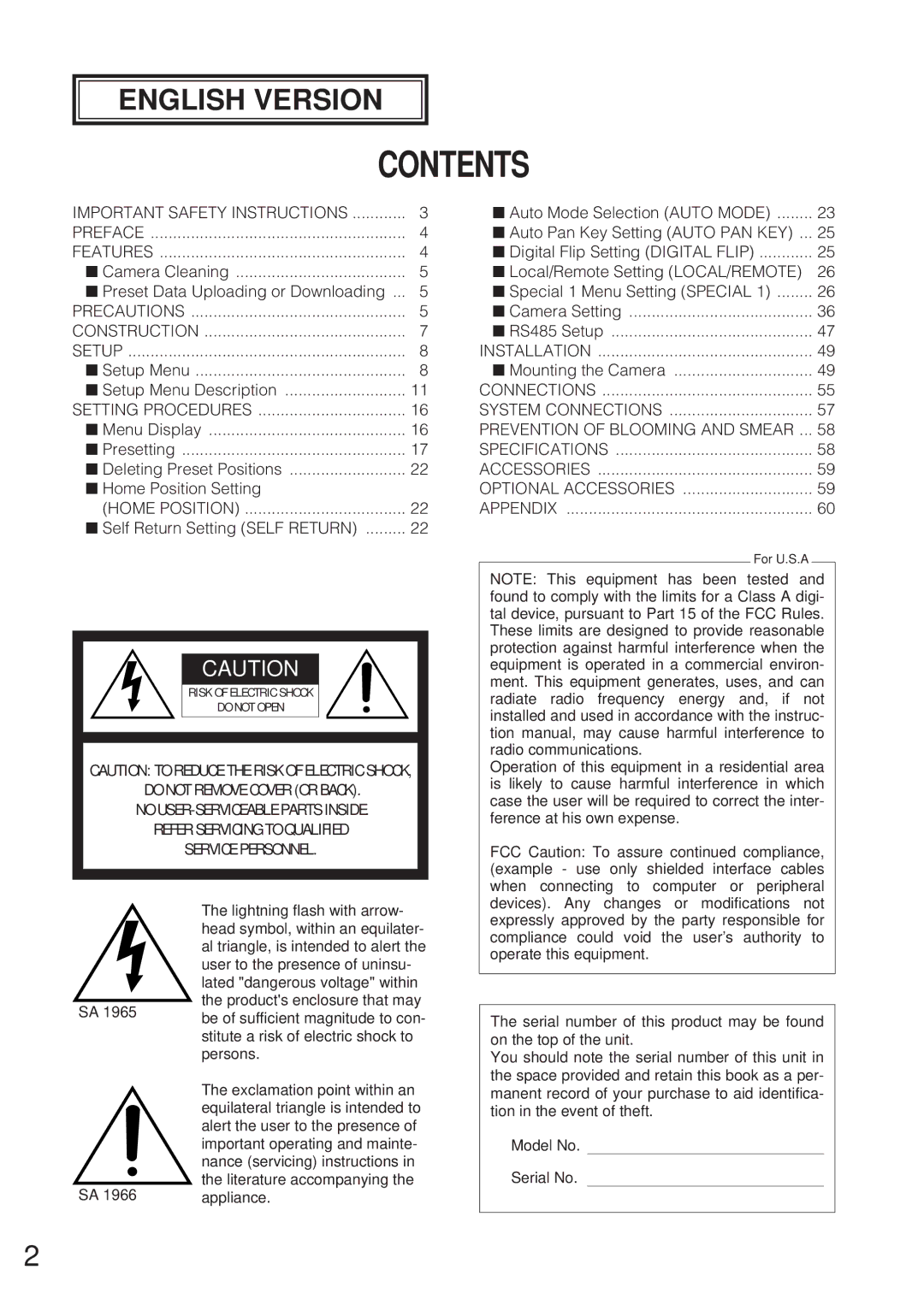 Panasonic WV-CW864 operating instructions Contents 