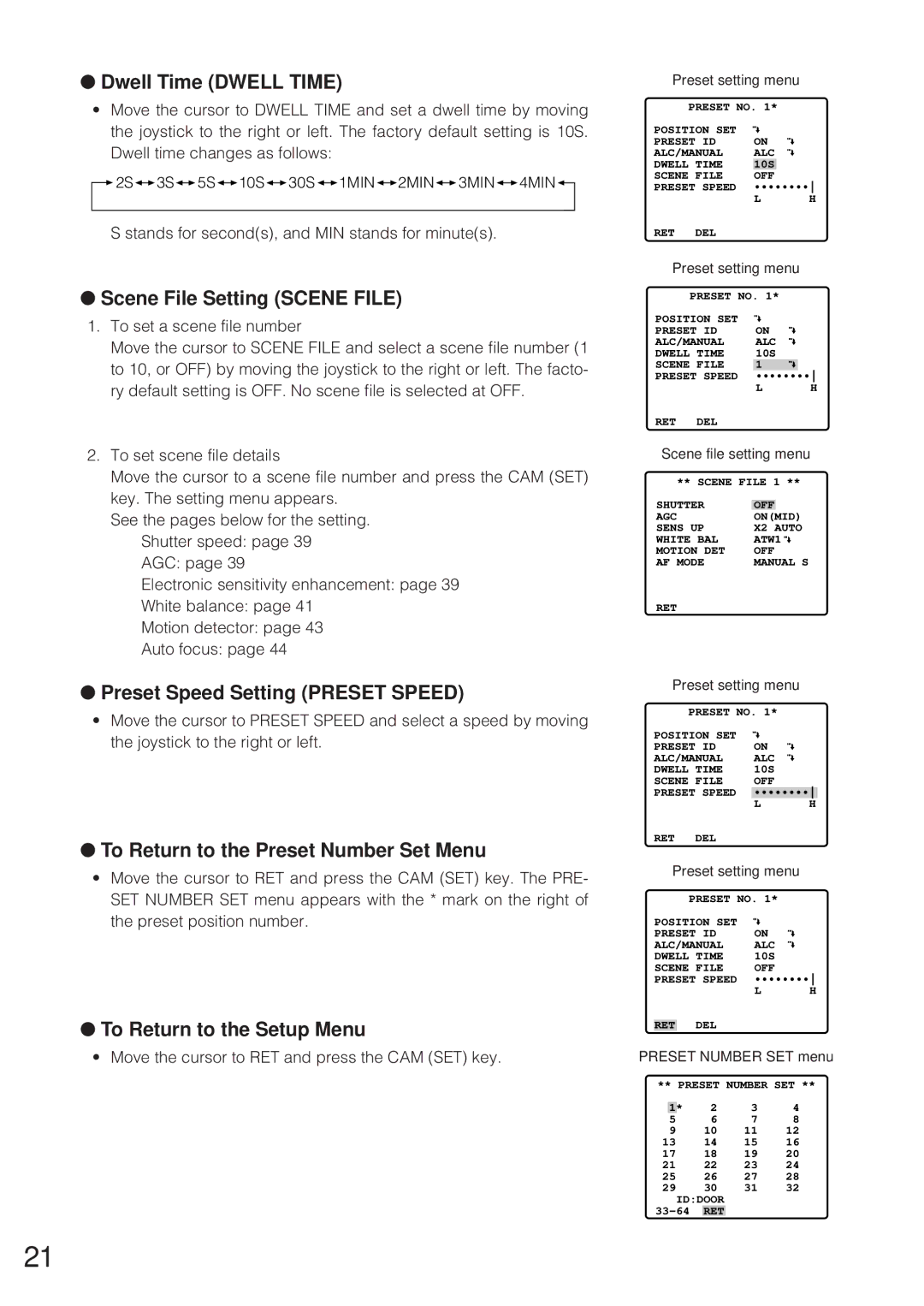 Panasonic WV-CW864 Dwell Time Dwell Time, Scene File Setting Scene File, Preset Speed Setting Preset Speed 