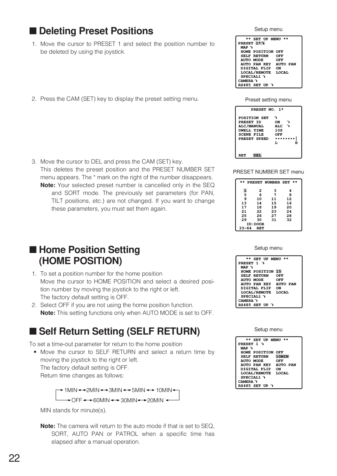 Panasonic WV-CW864 operating instructions Deleting Preset Positions, Home Position Setting, Self Return Setting Self Return 