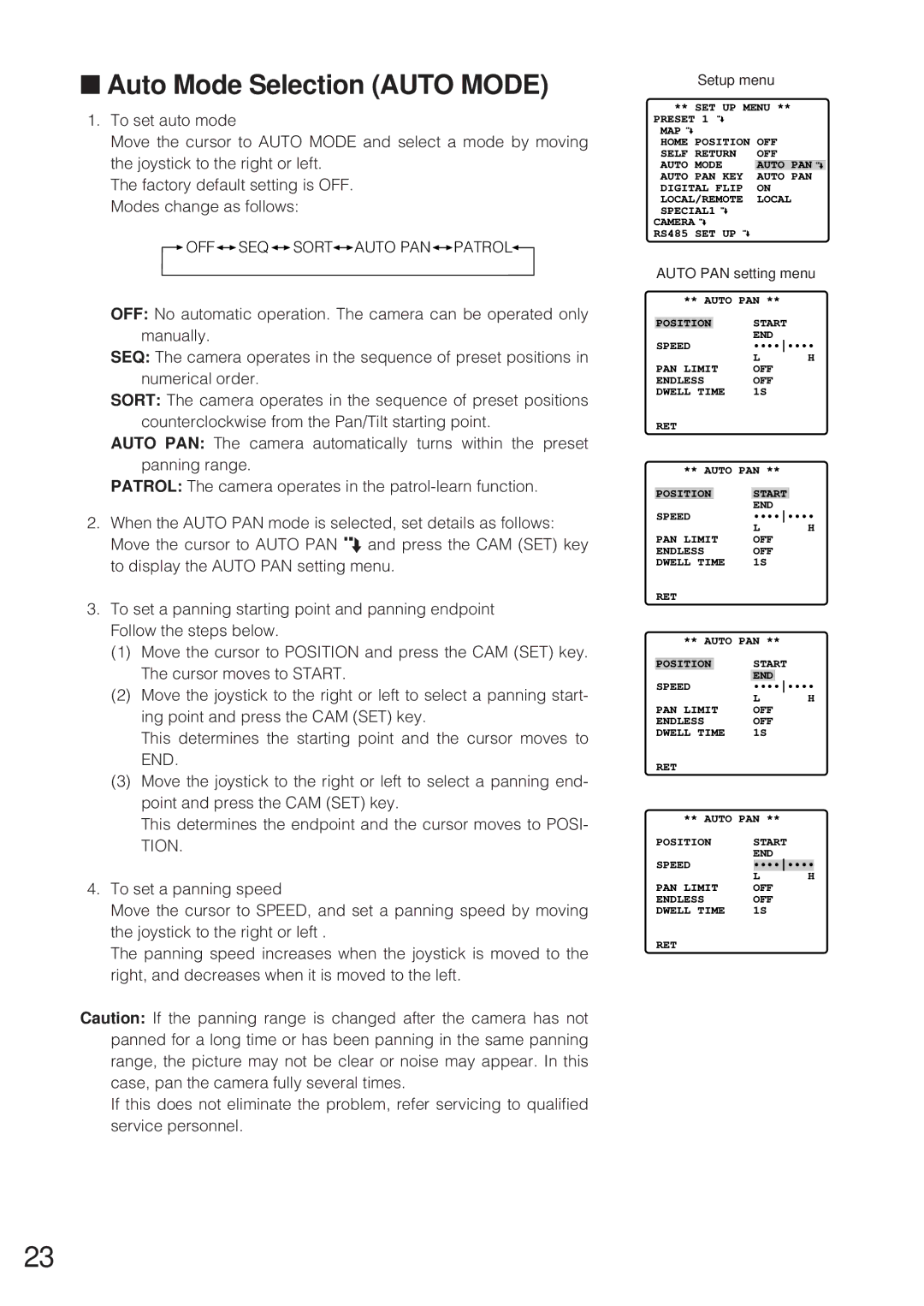 Panasonic WV-CW864 operating instructions Auto Mode Selection Auto Mode, Auto PAN setting menu 