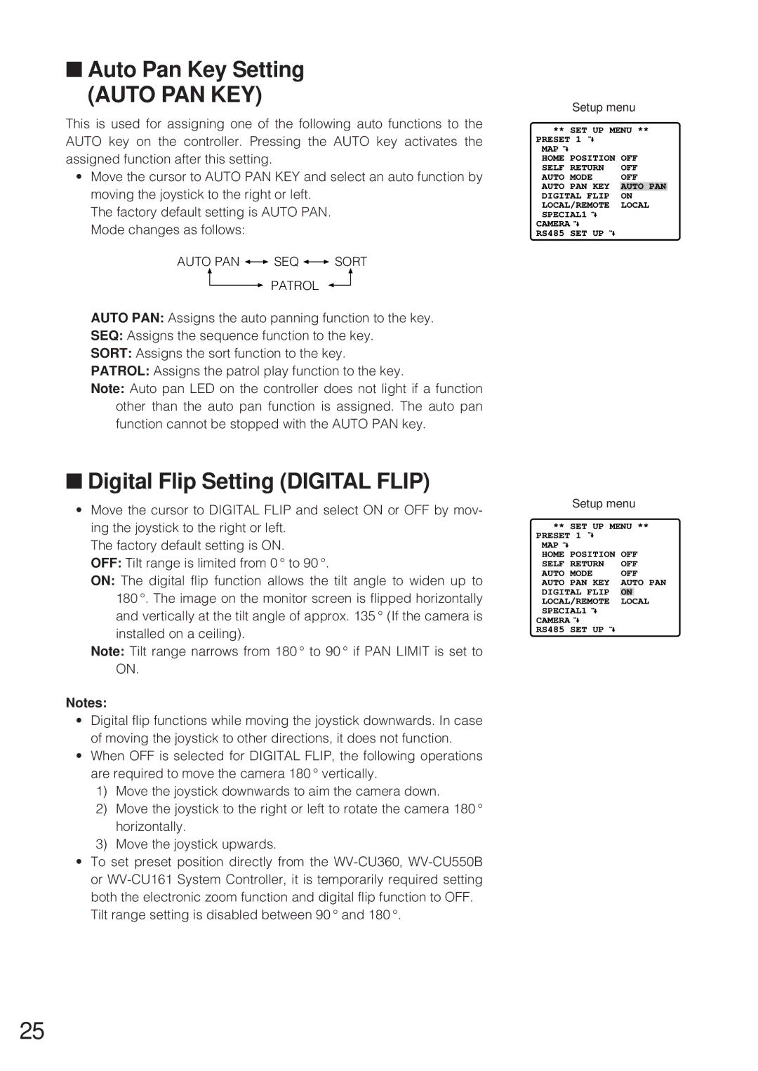 Panasonic WV-CW864 operating instructions Auto Pan Key Setting, Digital Flip Setting Digital Flip 