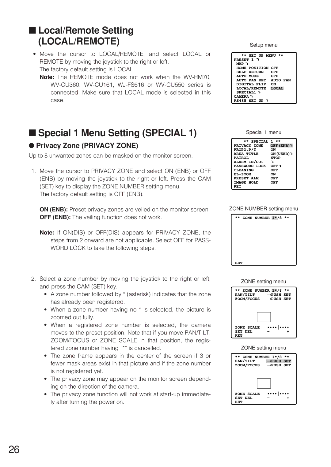 Panasonic WV-CW864 Local/Remote Setting LOCAL/REMOTE, Special 1 Menu Setting Special, Privacy Zone Privacy Zone 