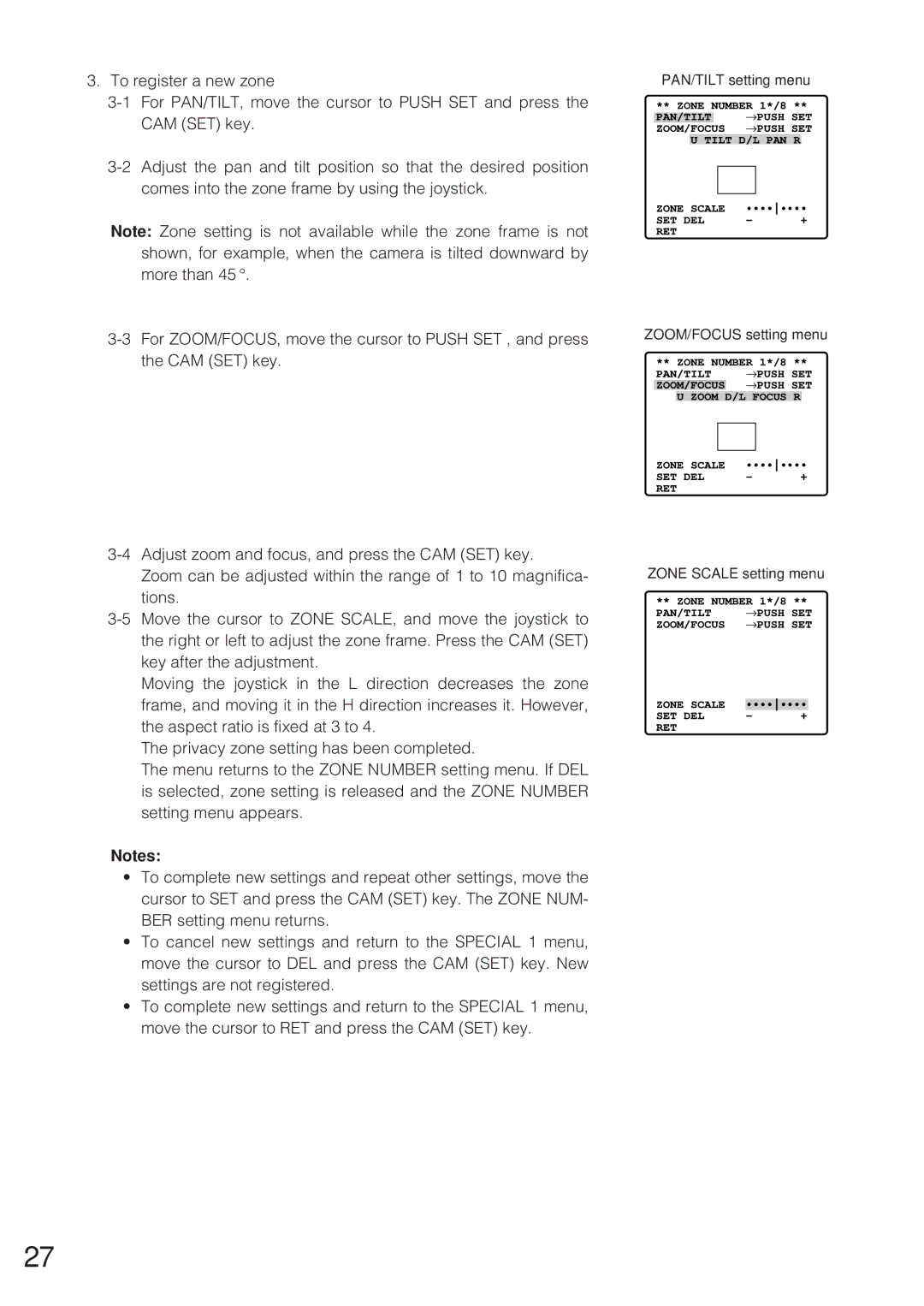 Panasonic WV-CW864 operating instructions PAN/TILT setting menu, Zone Scale setting menu 