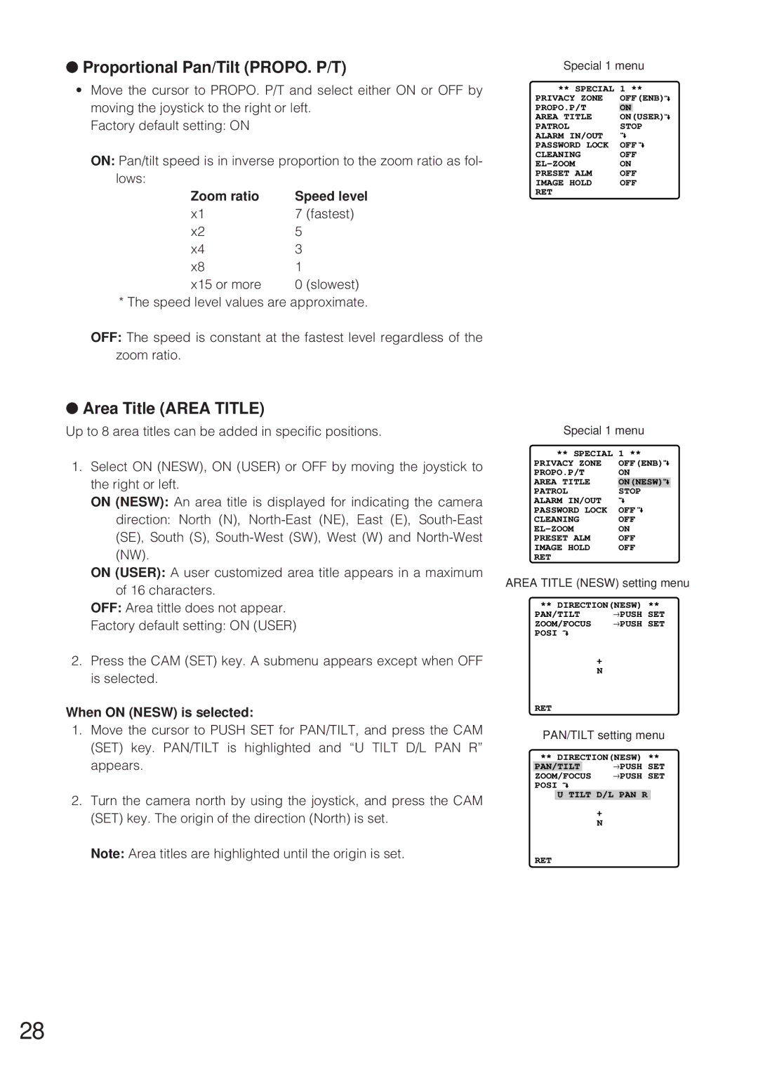 Panasonic WV-CW864 operating instructions Proportional Pan/Tilt PROPO. P/T, Area Title Area Title, Zoom ratio Speed level 