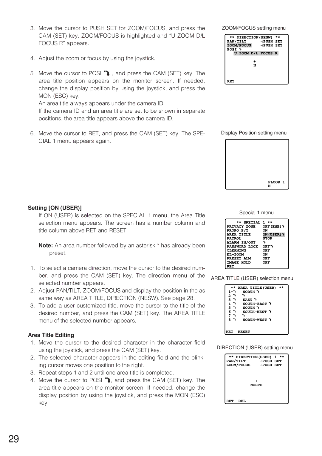 Panasonic WV-CW864 Setting on User, Area Title Editing, Display Position setting menu, Area Title User selection menu 