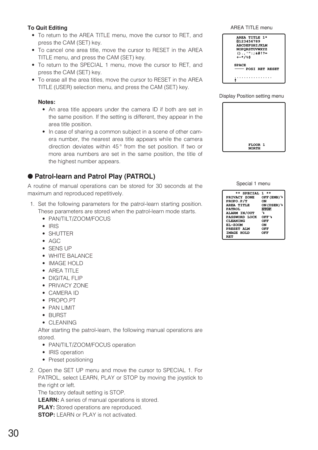 Panasonic WV-CW864 operating instructions Patrol-learn and Patrol Play Patrol, To Quit Editing, Area Title menu 