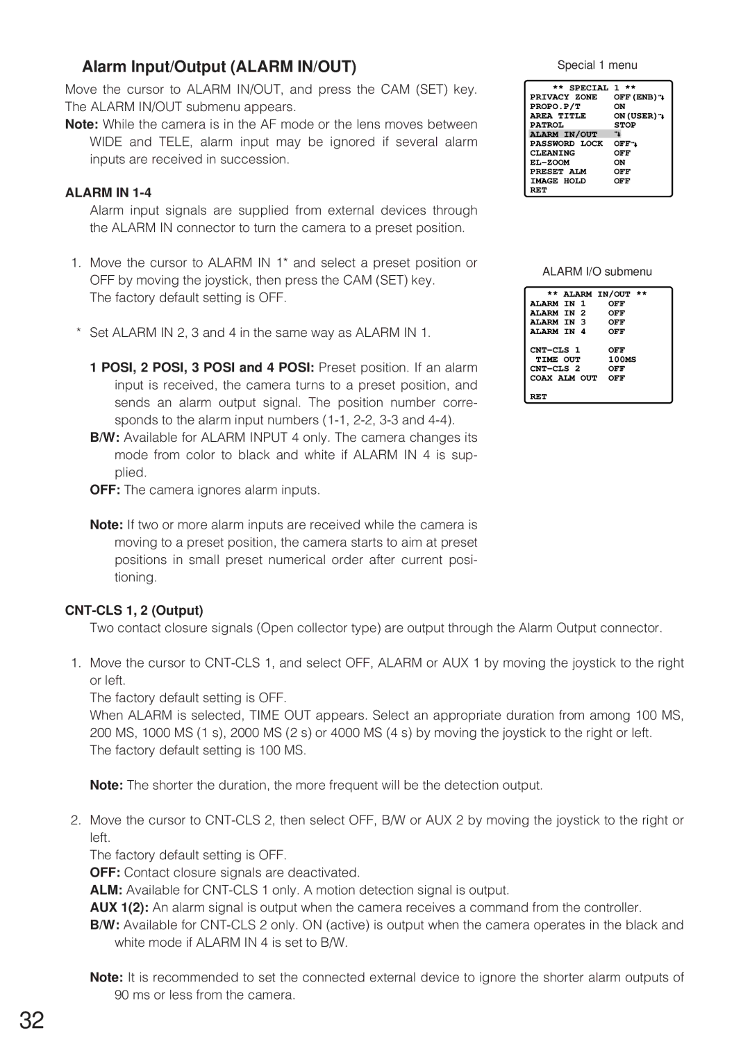 Panasonic WV-CW864 operating instructions Alarm Input/Output Alarm IN/OUT, CNT-CLS 1, 2 Output, Alarm I/O submenu 