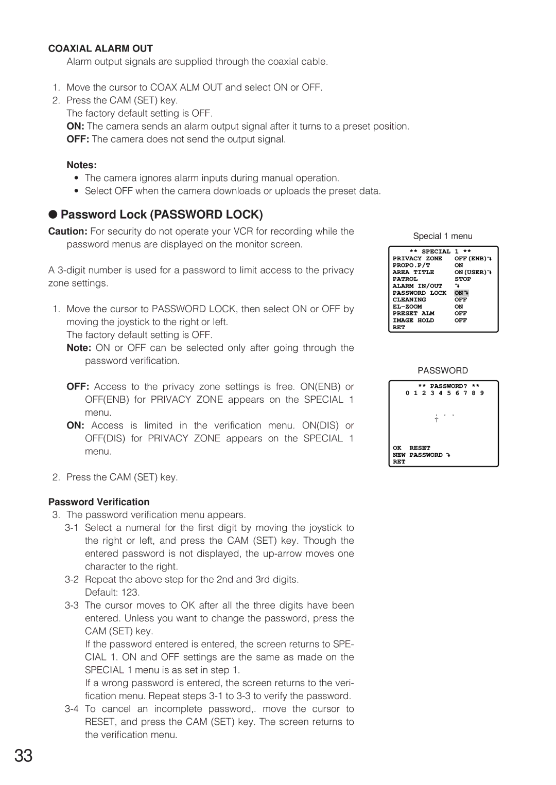 Panasonic WV-CW864 operating instructions Password Lock Password Lock, Password Verification 