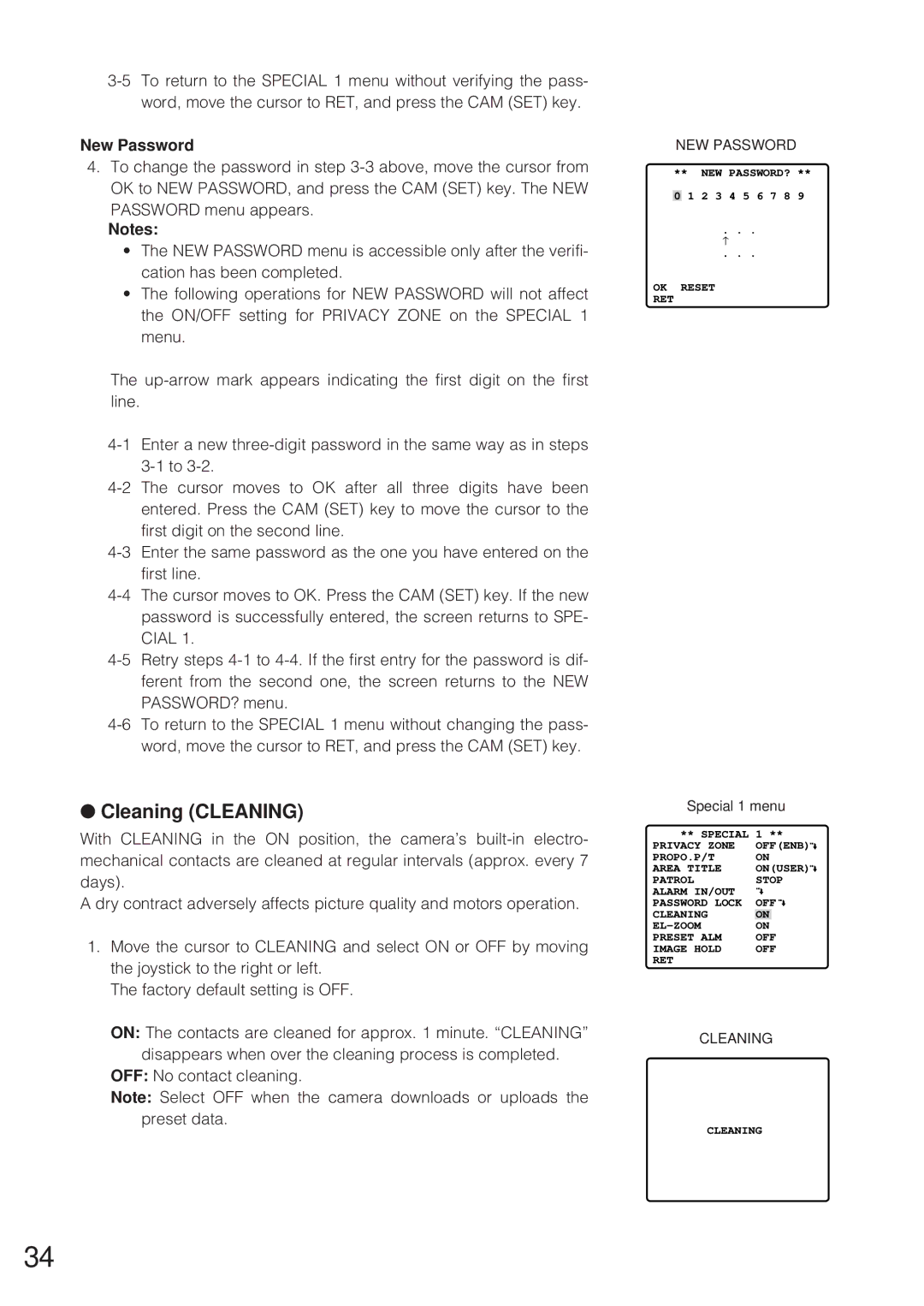 Panasonic WV-CW864 operating instructions Cleaning Cleaning, New Password 