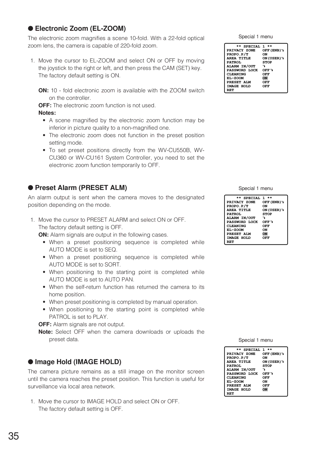 Panasonic WV-CW864 operating instructions Electronic Zoom EL-ZOOM, Preset Alarm Preset ALM, Image Hold Image Hold 