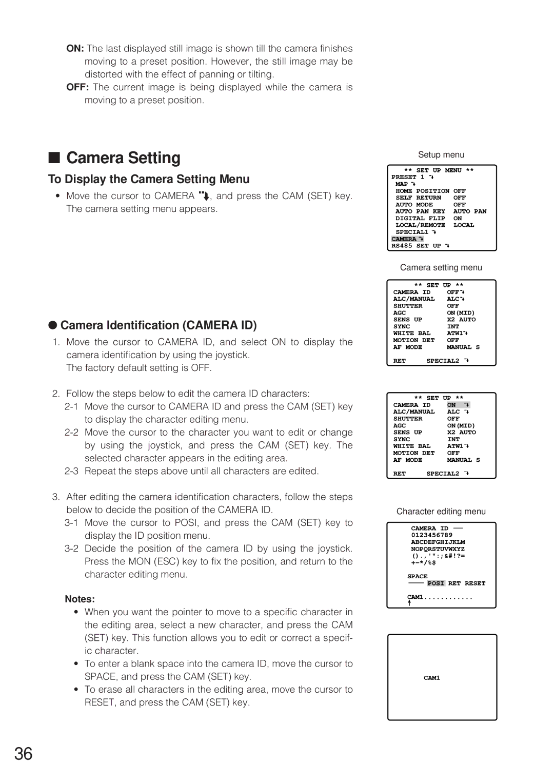 Panasonic WV-CW864 To Display the Camera Setting Menu, Camera Identification Camera ID, Camera setting menu 