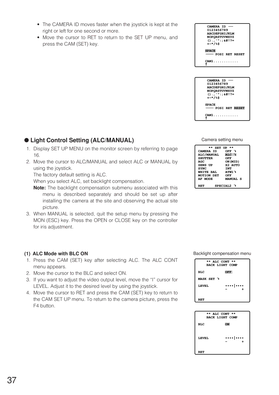 Panasonic WV-CW864 operating instructions Light Control Setting ALC/MANUAL, Backlight compensation menu 